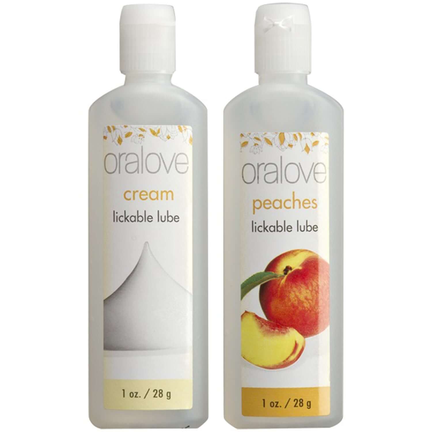 Oral Love Dynamic Duo - Peaches and Cream lubricants in travel-friendly bottles, perfect for tasty and pleasurable experiences.