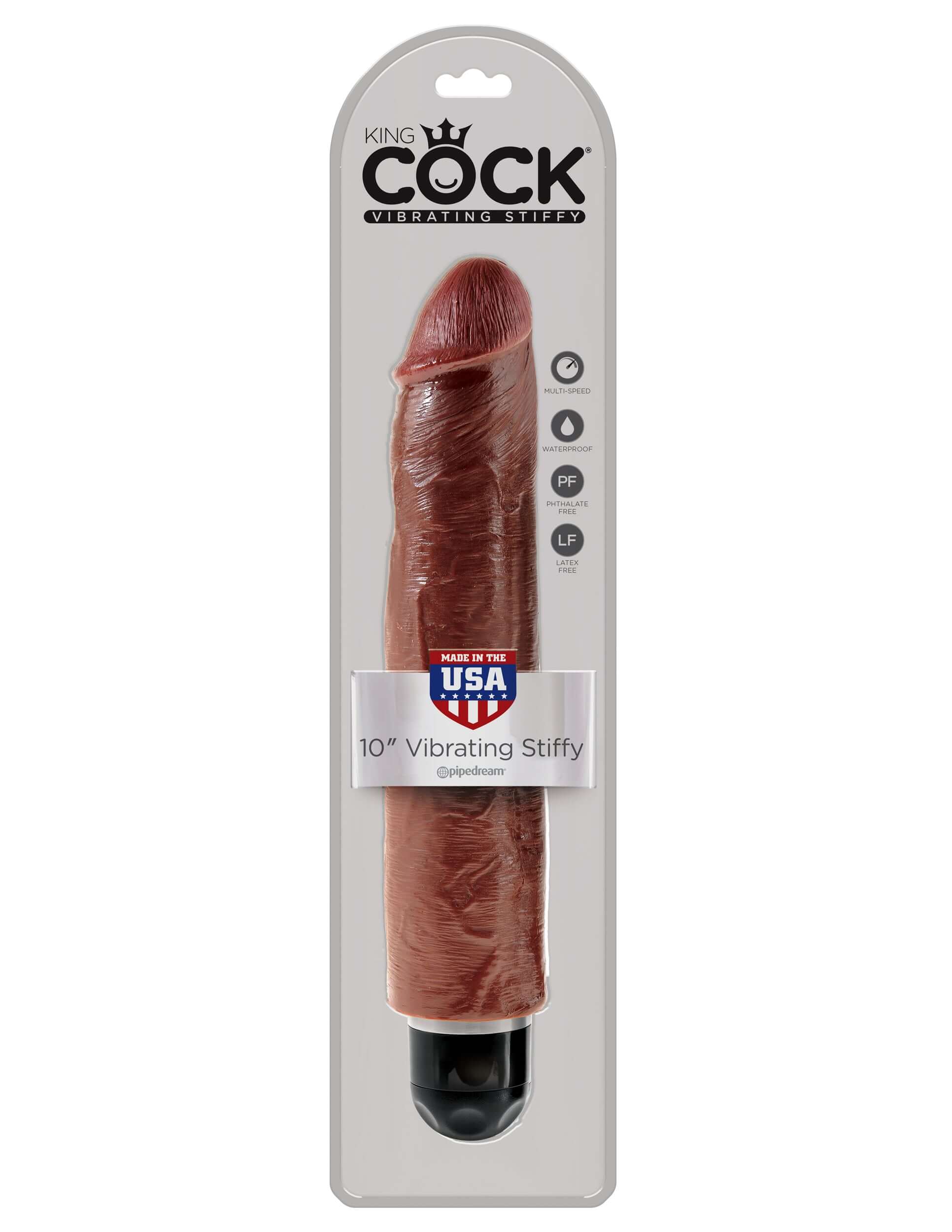 Realistic King Cock 10 Inch Vibrating Stiffy Brown in packaging with multi-speed waterproof design for ultimate satisfaction.