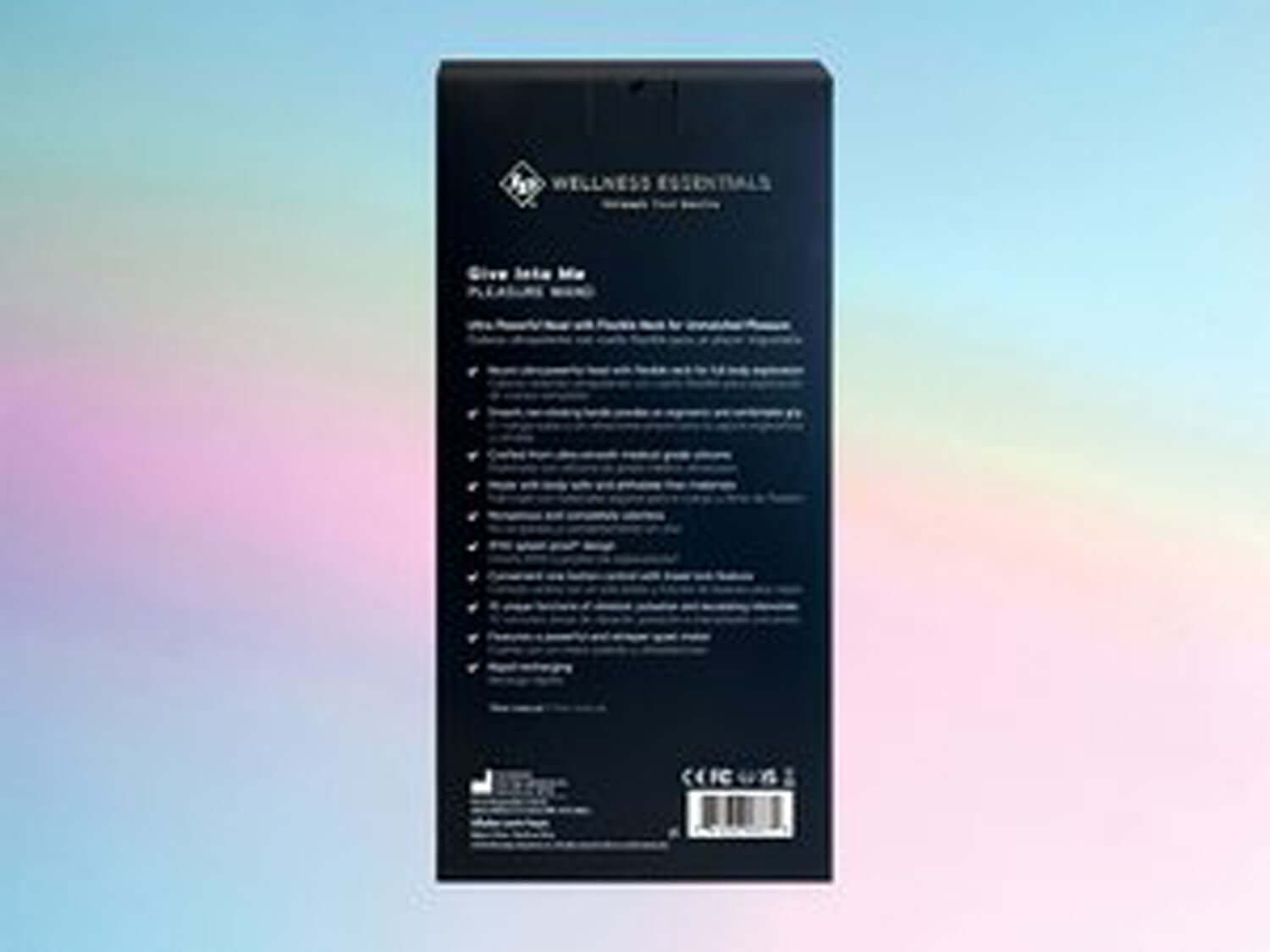 Back packaging of Give Into Me Pleasure Wand - Blue, highlighting features and product details for unmatched pleasure.