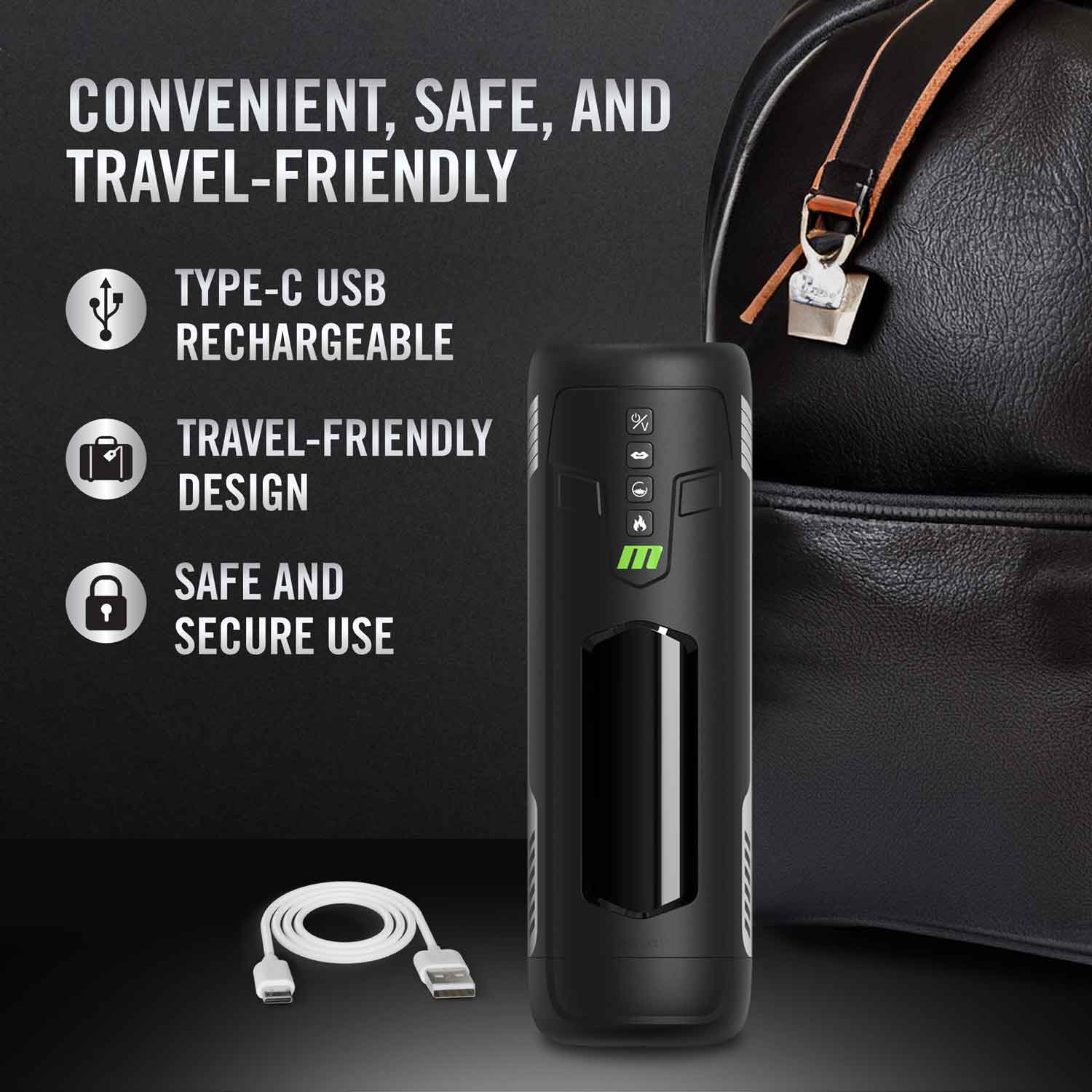 M for Men Master Blaster Masturbator showcasing its travel-friendly features, Type-C USB rechargeable design, and safe usage benefits