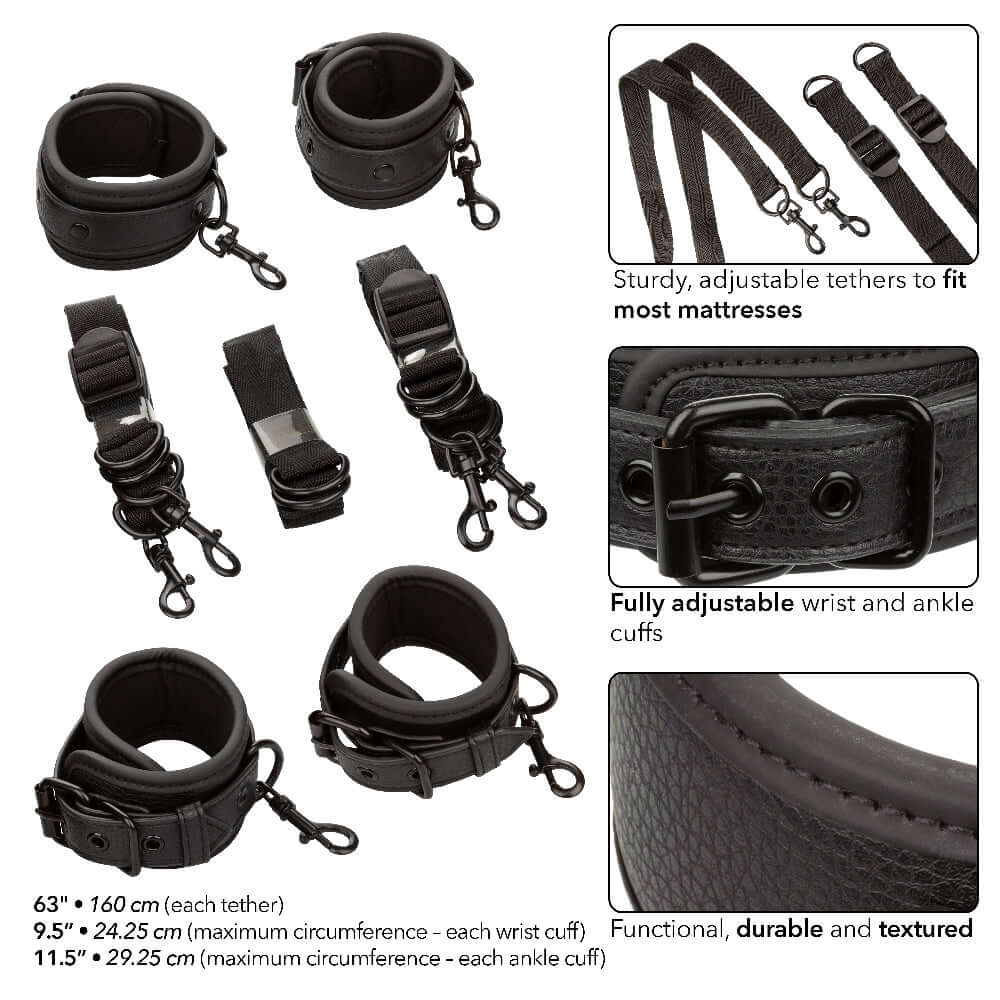 Nocturnal Collection Bed Restraints - black adjustable wrist and ankle cuffs with sturdy tethers for most mattresses, functional and durable