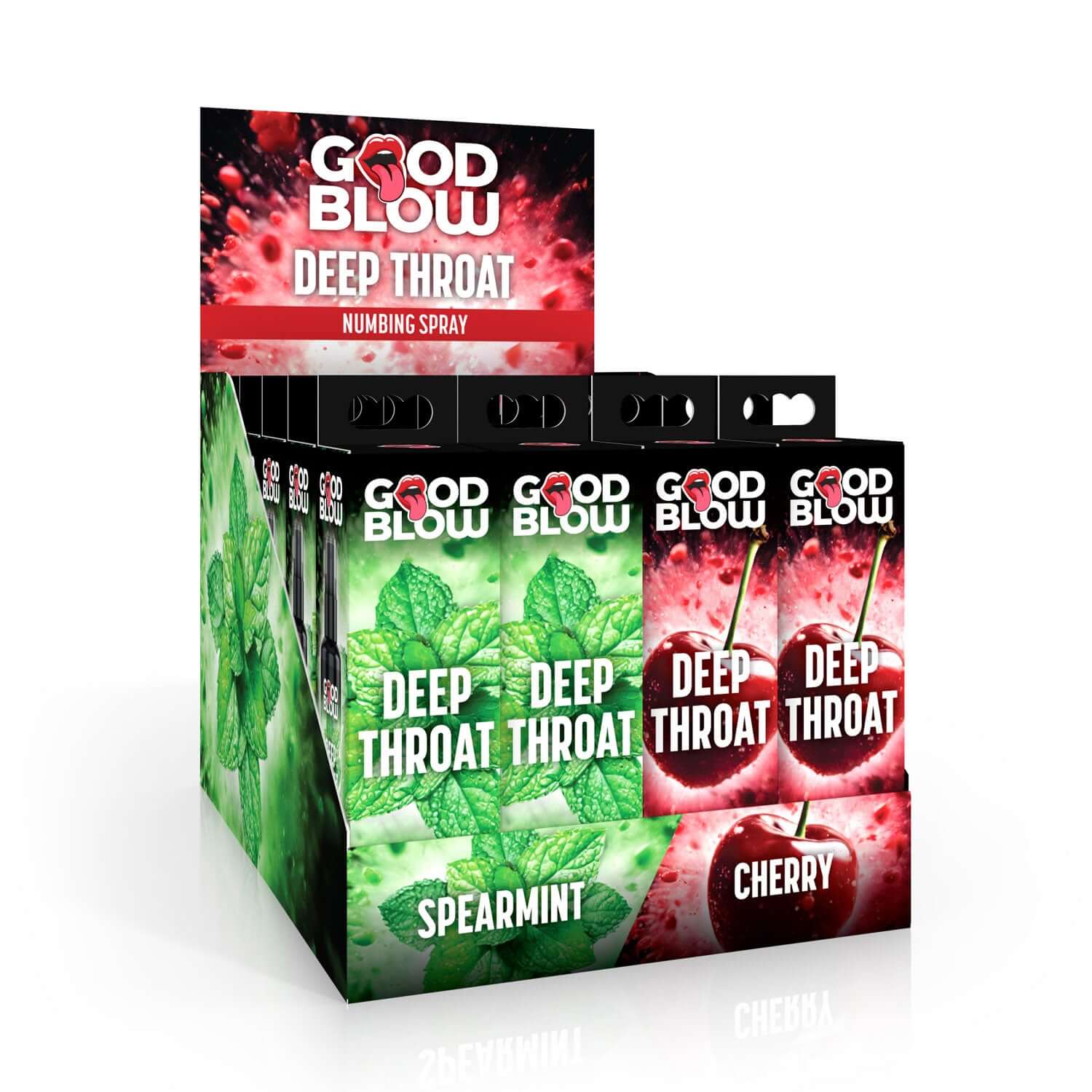 Cherry and spearmint deep throat numbing spray POP display with 24 pieces in vibrant packaging.