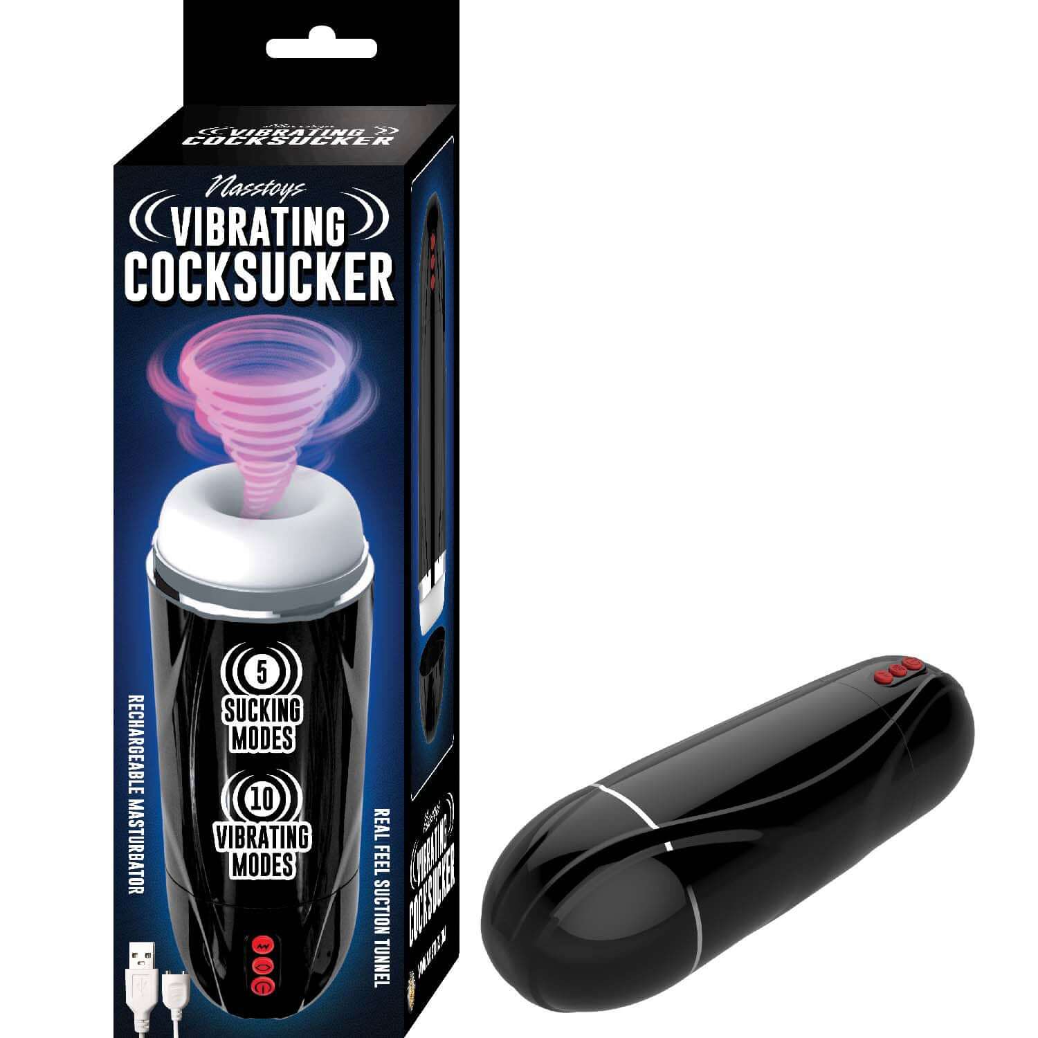 Vibrating Cocksucker Male Masturbator Black with packaging showing 5 sucking modes and 10 vibrating modes