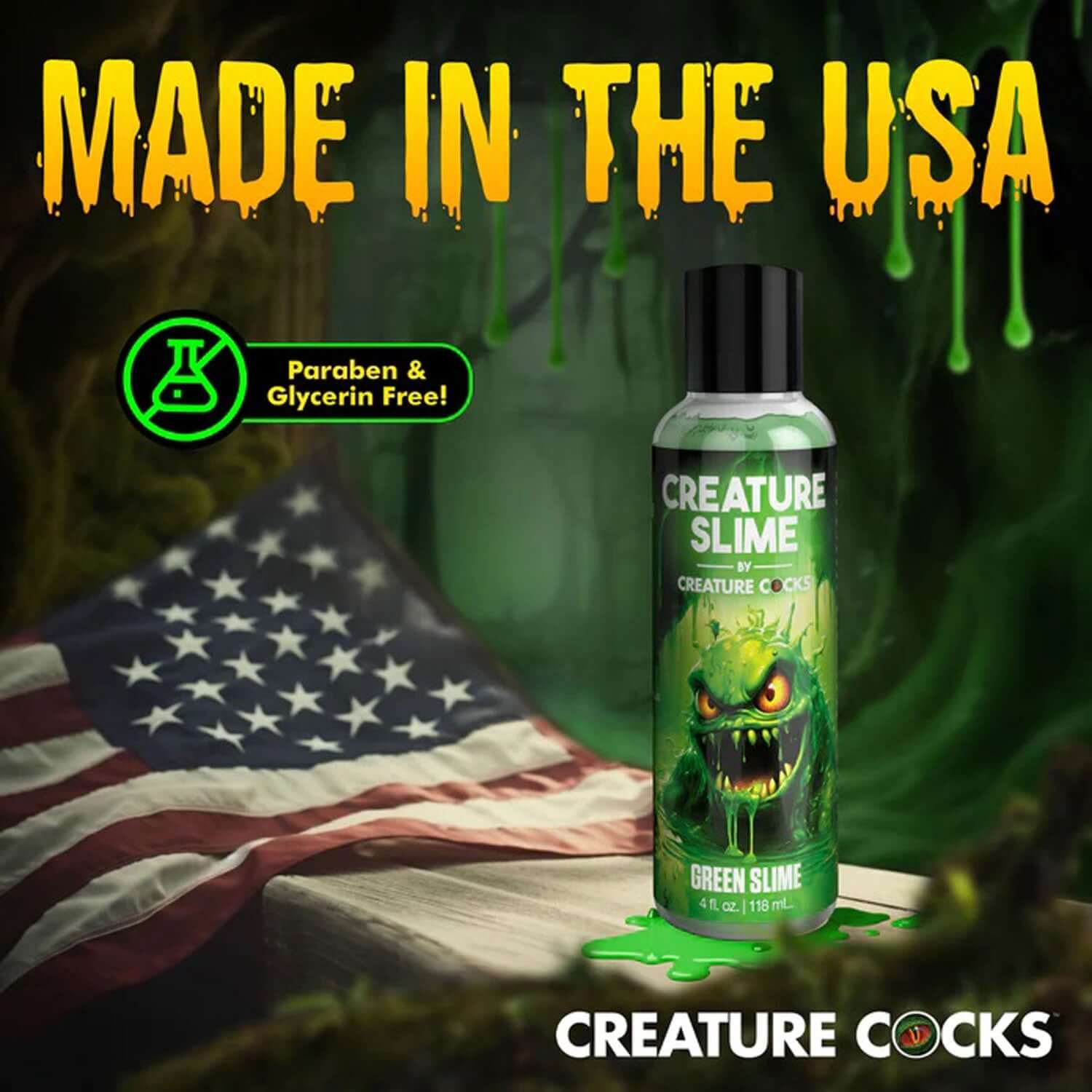 4oz Creature Slime Green Slime Lubricant, Made in the USA with Paraben & Glycerin-Free Formula, Next to American Flag