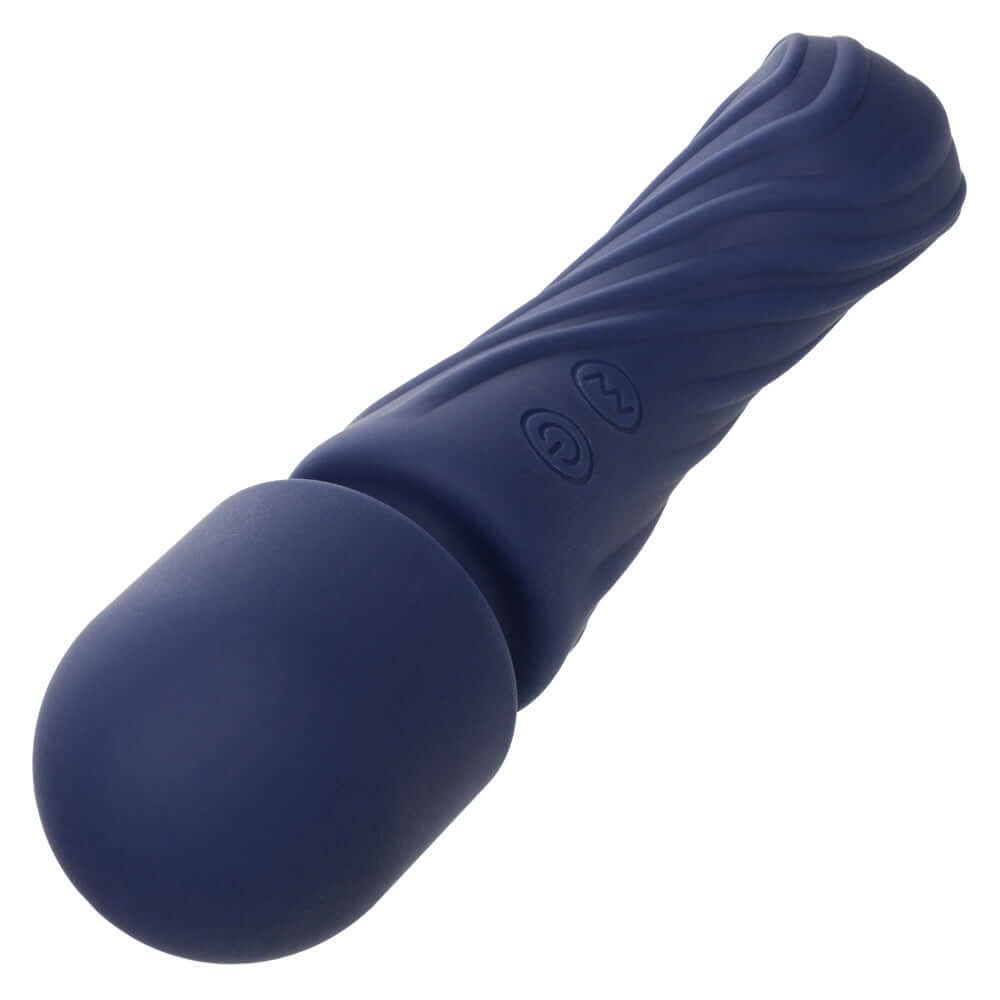 Blue Charisma Allure Compact Wand Massager with dual motors and textured ergonomically curved design for sensual pleasure.