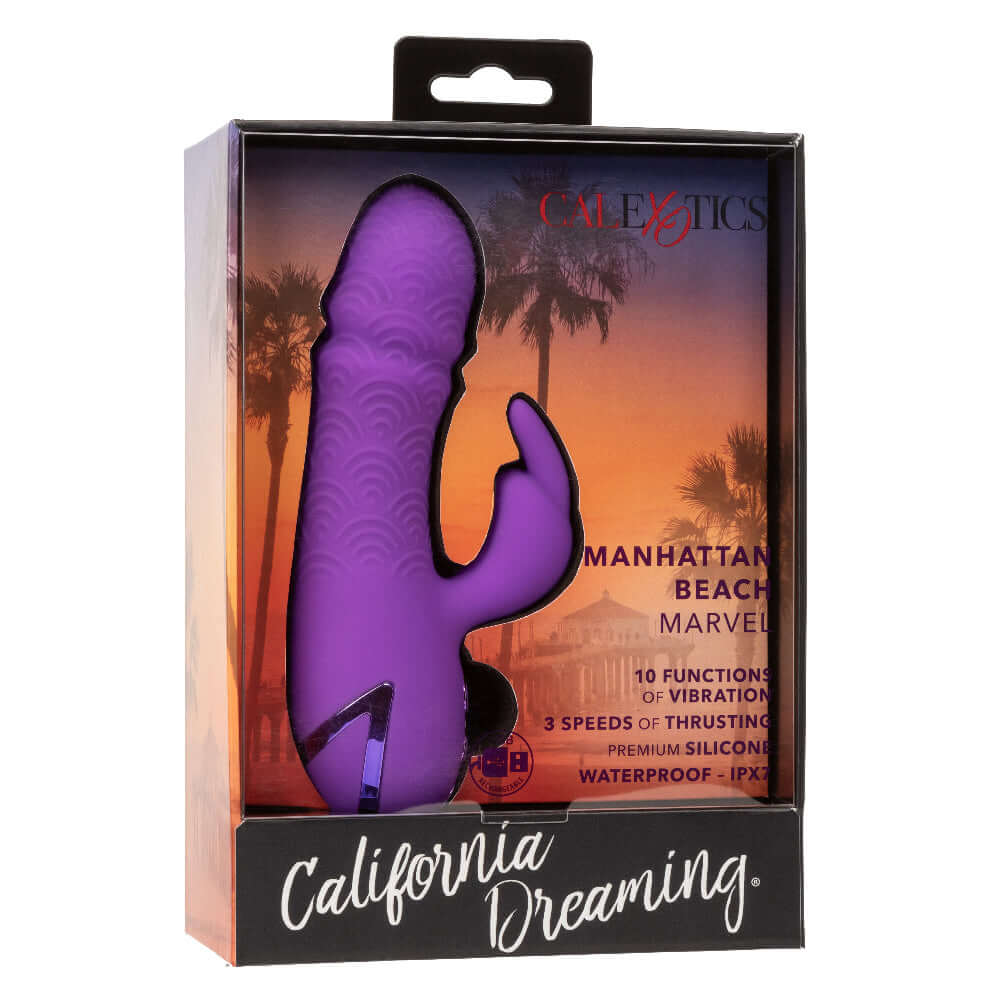 California Dreaming Manhattan Beach Marvel Purple Rabbit Vibrator in packaging with vibrant sunset background