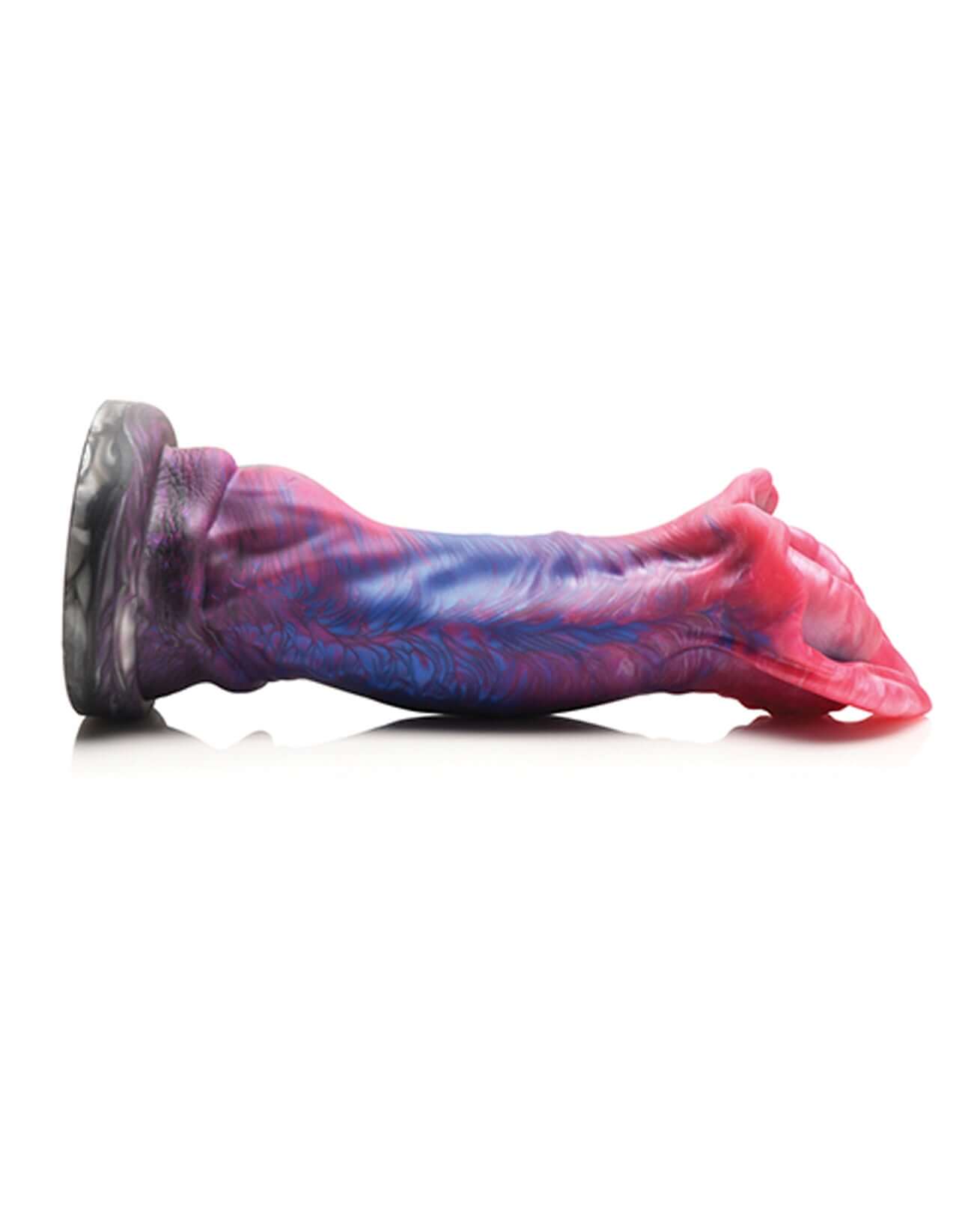 Demogorgon silicone dildo with curved shaft, ridges, bumps, and strong suction base in vibrant red and purple design.