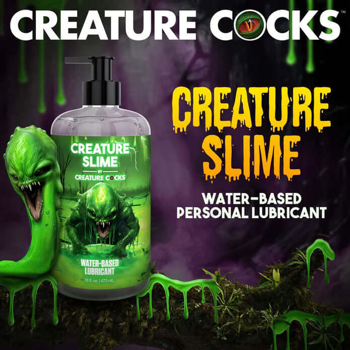 Creature Slime water-based lubricant 16oz bottle with green creature design, odorless and glycerin-free, safe for internal use, easy cleanup