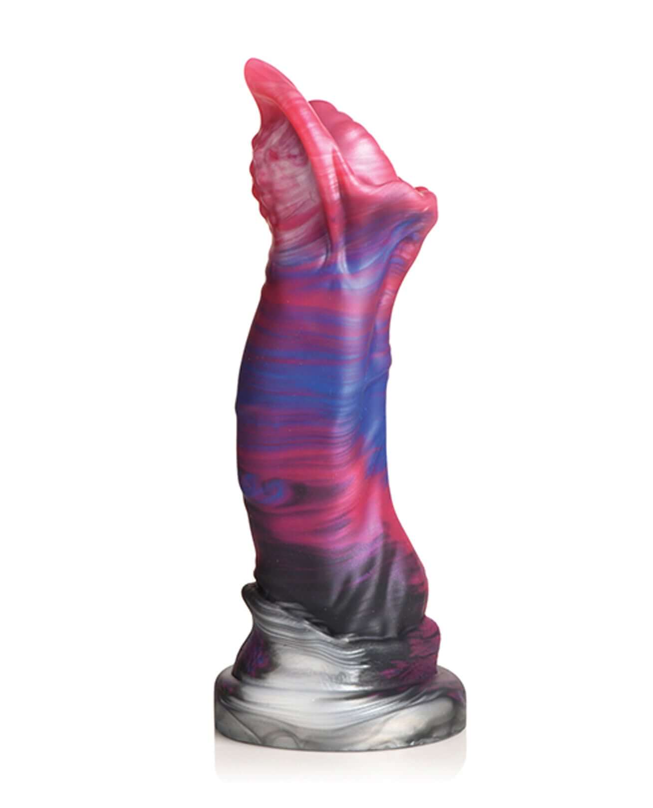 Demogorgon Silicone Dildo with curved ridged shaft and flared face in multi-colored design with powerful suction base