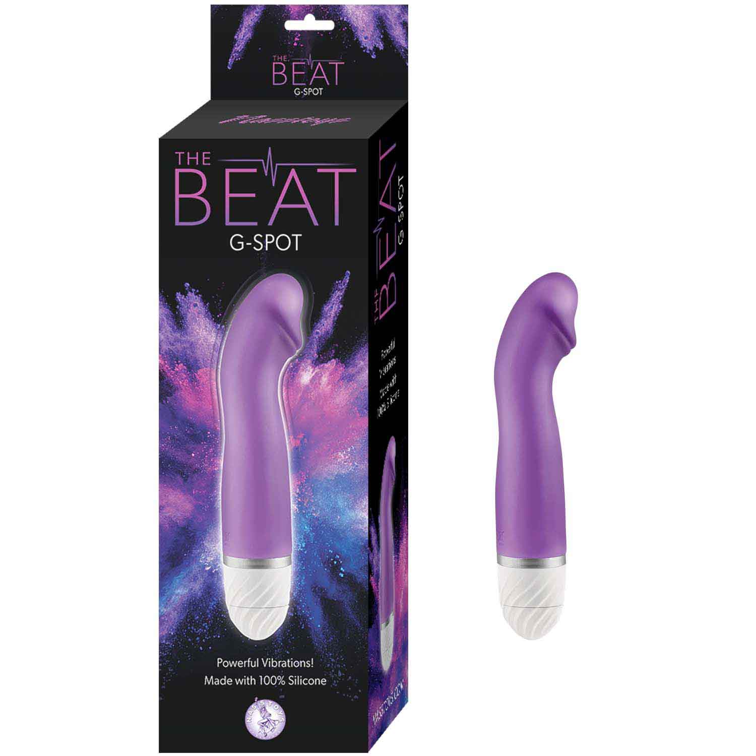 The Beat G-Spot Vibrator in purple with flexible shaft and vibrating head beside its packaging.