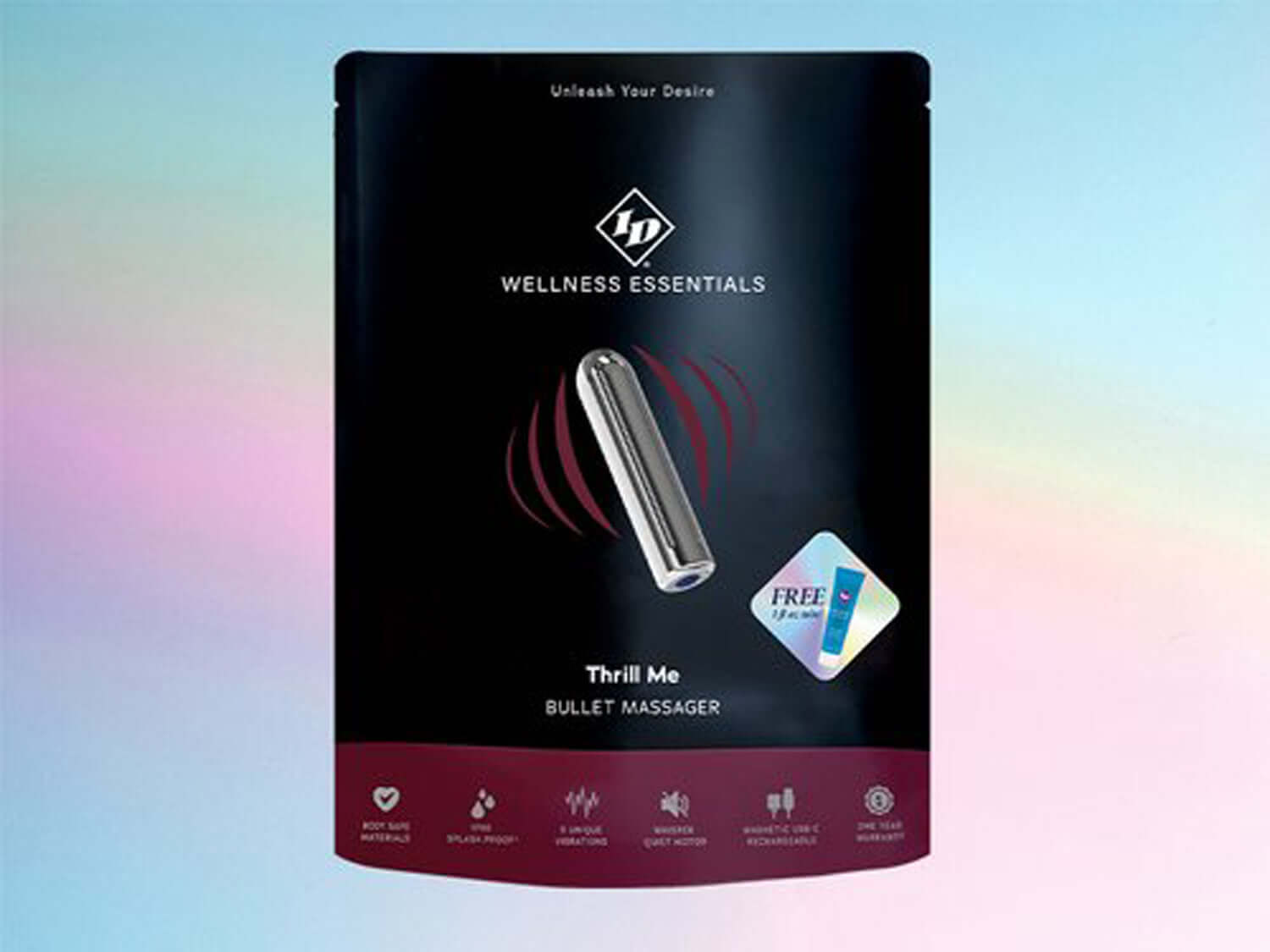 Thrill Me Bullet Massager packaging showcasing a sleek silver design with wellness branding and a free lubricant offer.