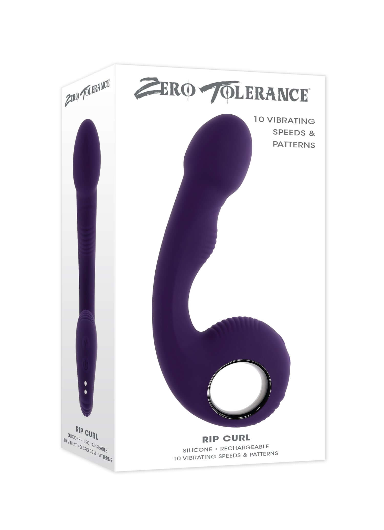 Purple Rip Curl rechargeable vibrator with 10 speeds, textured handle, and flexible stem for comfortable use.