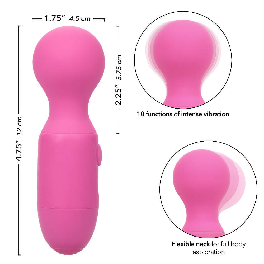 First Time Rechargeable Massager - Pink with dimensions and features including 10 vibrations and flexible neck