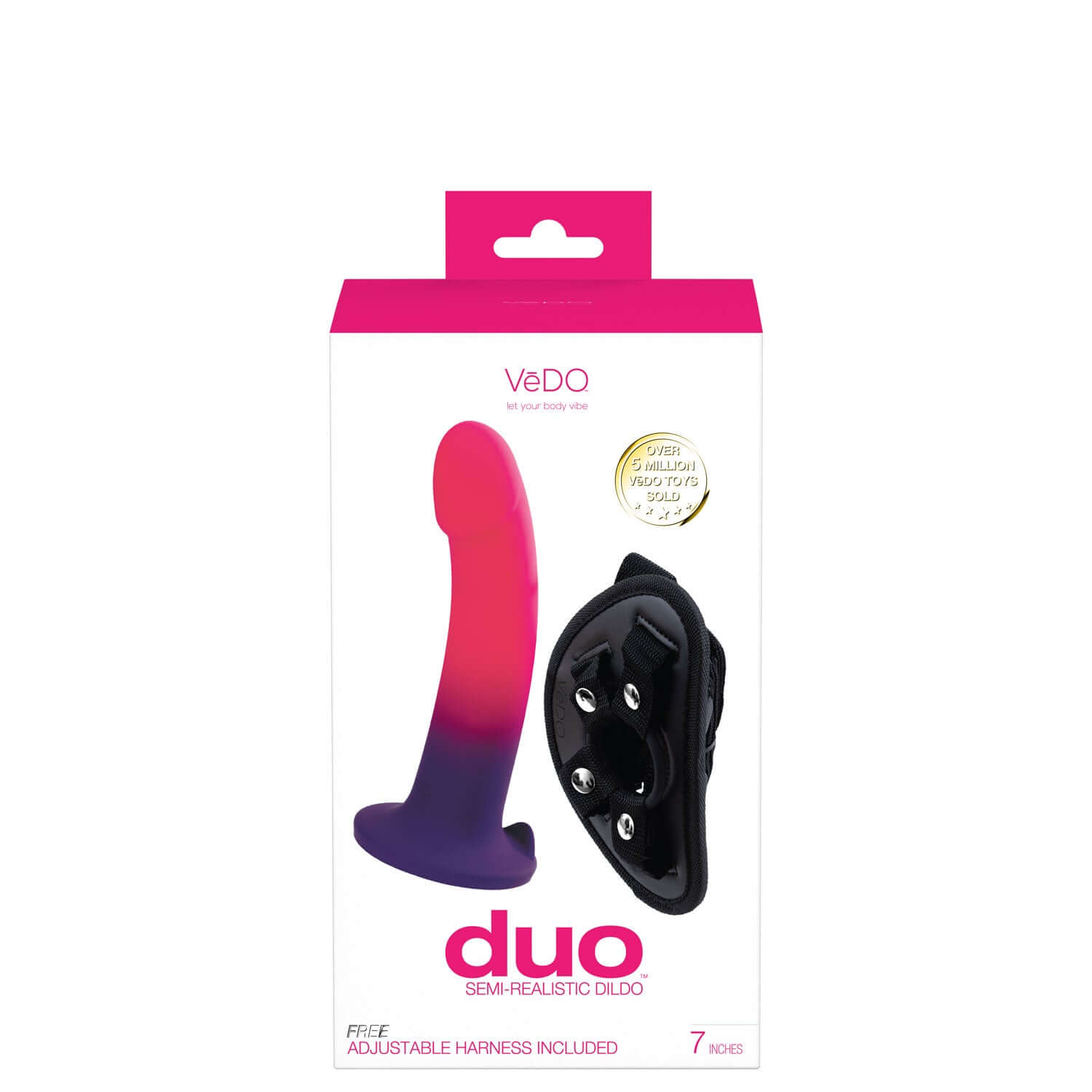 Vedo Duo 7" semi-realistic dildo with pink to purple gradient and harness packaging.