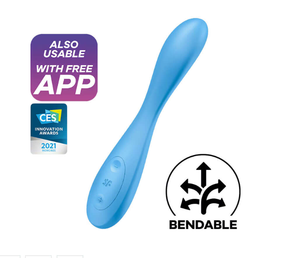 Satisfyer G-Spot Flex 4 vibrator in blue, featuring app connectivity, bendable design, and award-winning innovation.