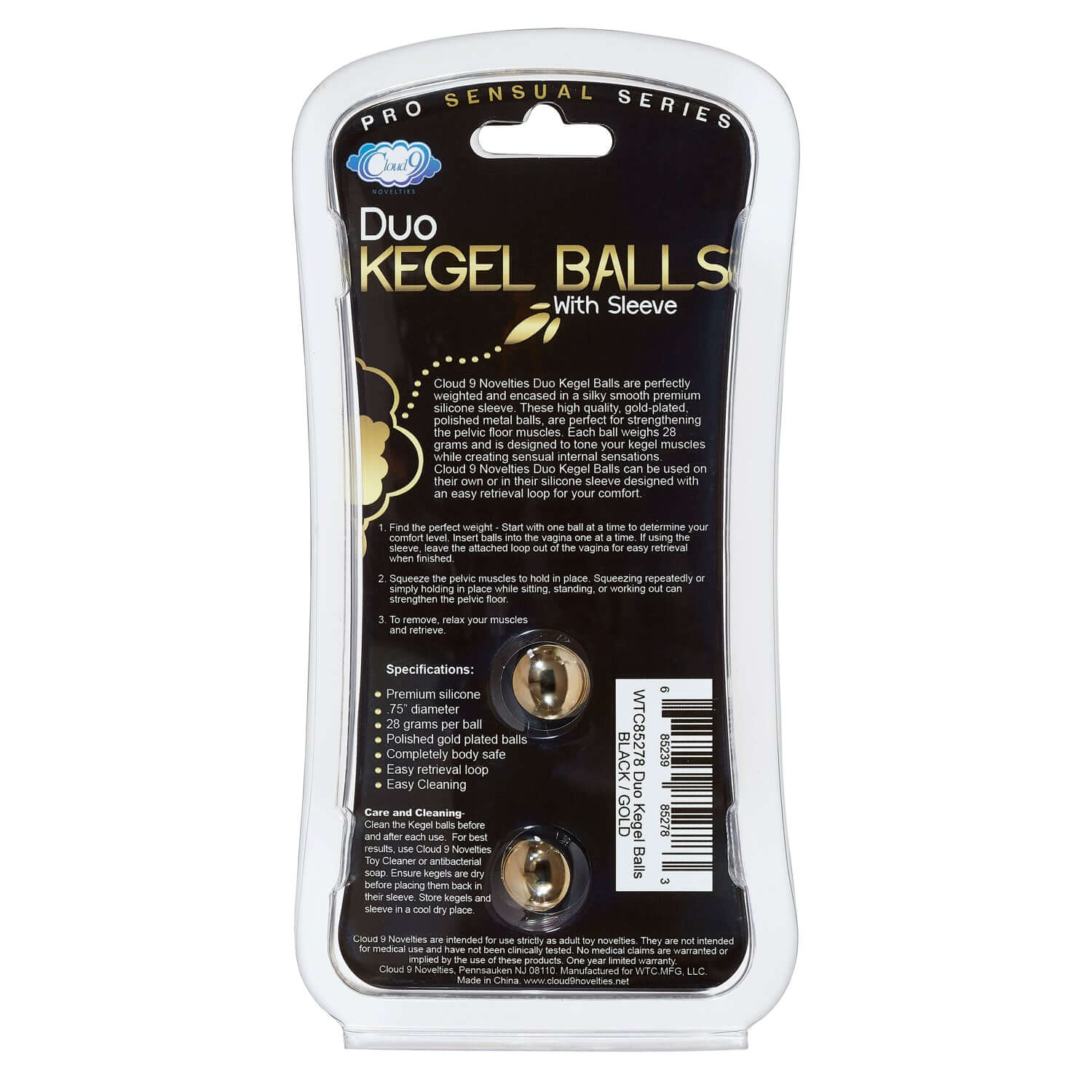 Duo Kegel Balls in packaging with sleeve, ideal for pelvic floor strengthening, premium silicone, chrome-plated metal, 28g each.