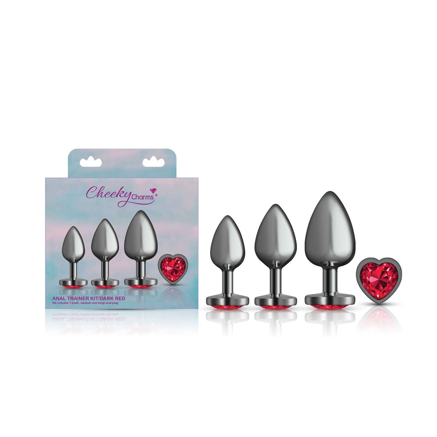 Cheeky Charms Metal Butt Plug Anal Trainer Kit in Gunmetal with Dark Red Heart Gemstone, includes small, medium, and large plugs.