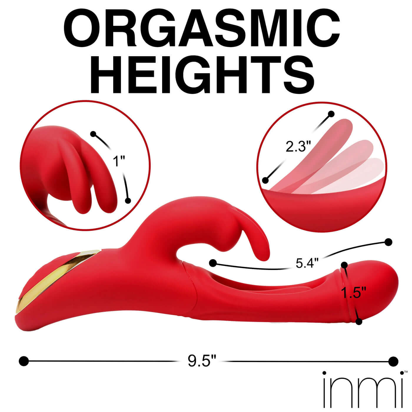 Rabbit Flick Flicking Silicone Rabbit Vibrator in Red with dimensions and features displayed for orgasmic pleasure.