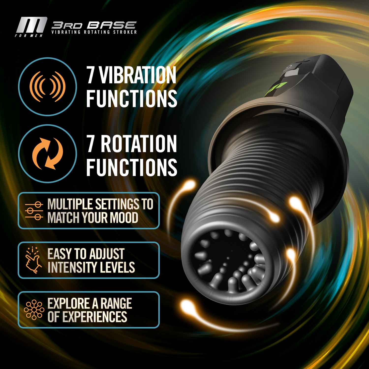 M for Men 3rd Base Masturbator with 7 vibration and rotation functions, easy to adjust intensity levels, multiple settings, black