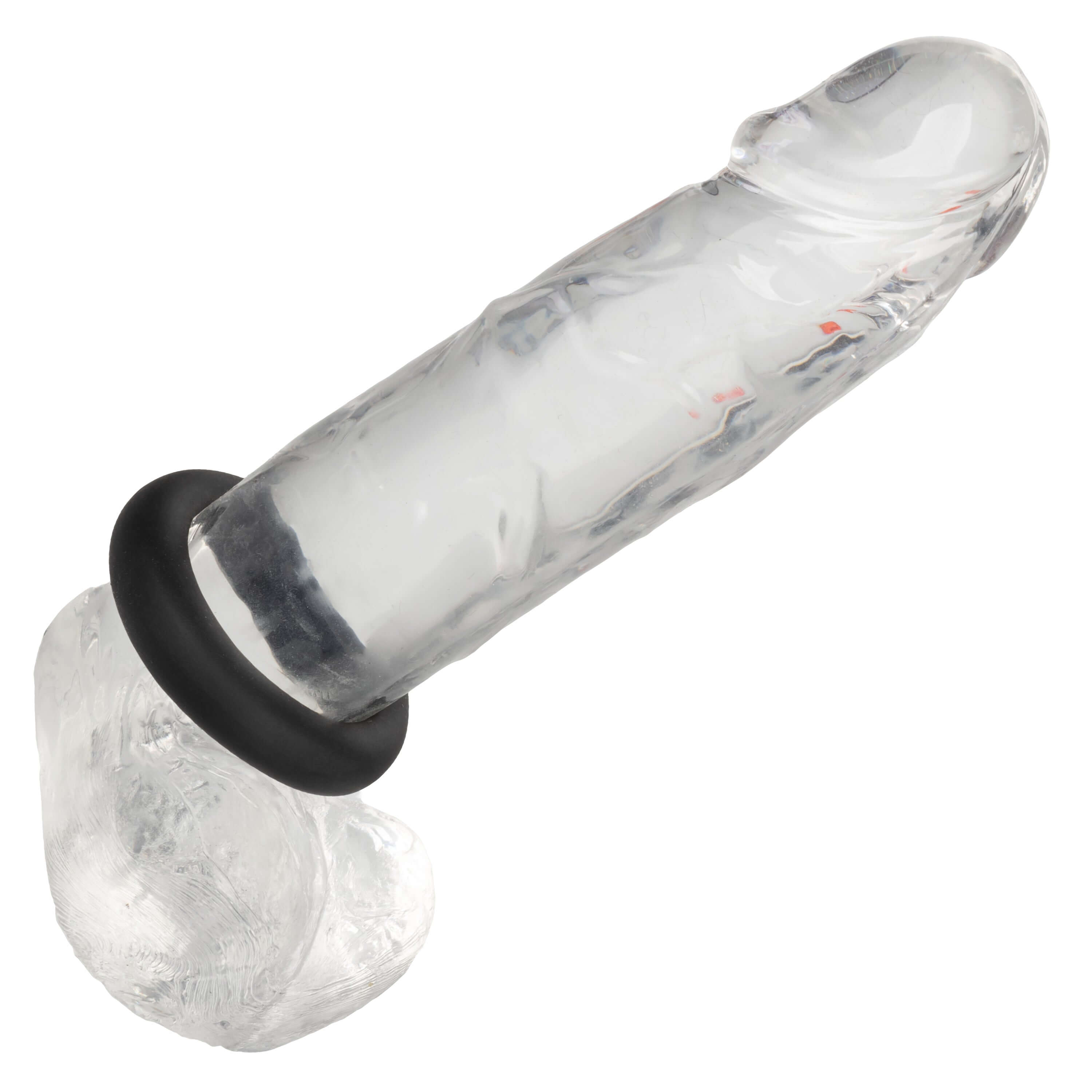 Alpha Liquid Silicone Prolong Medium Ring - Black on clear glass model showing stretchy design and fit