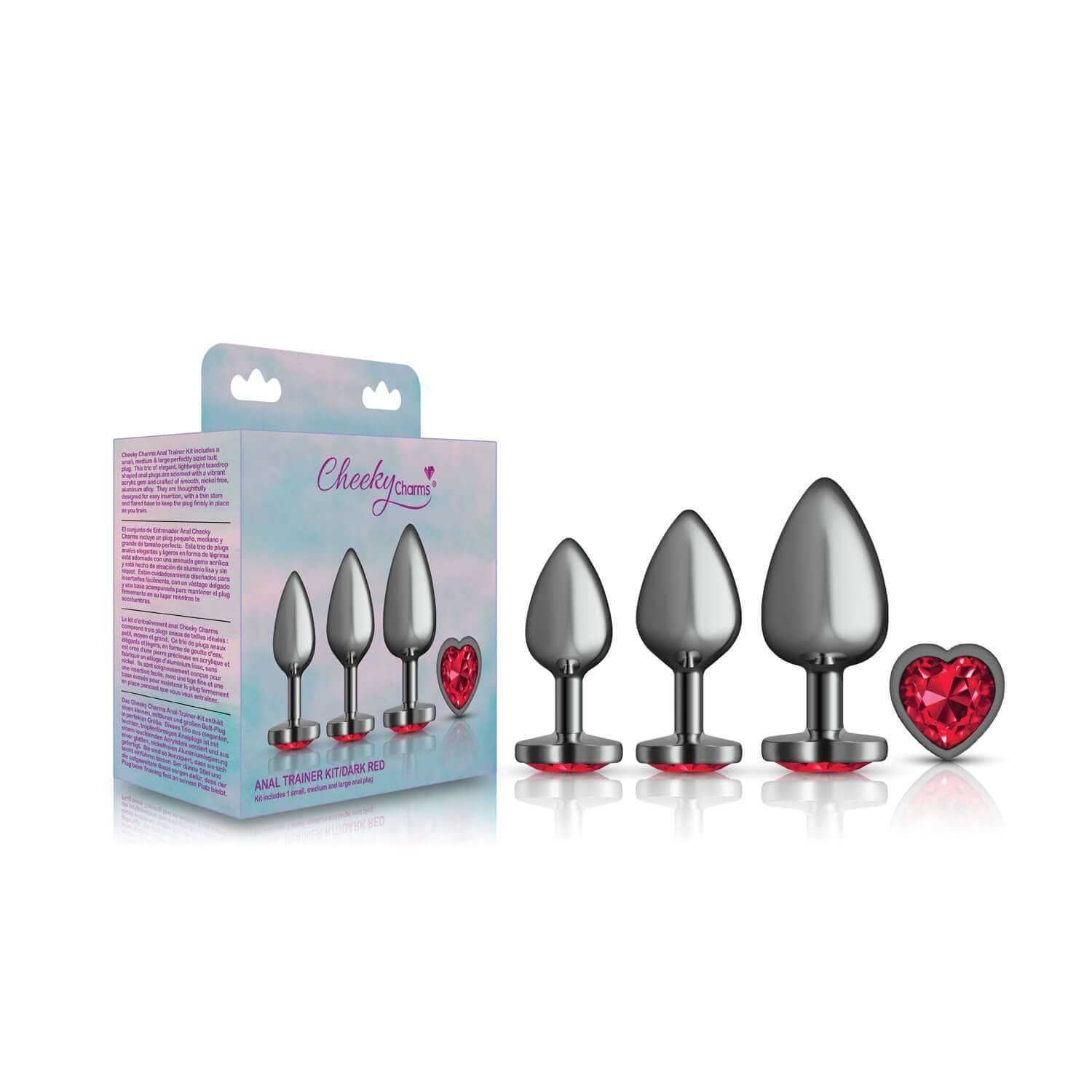 Cheeky Charms Metal Butt Plug Anal Trainer Kit with Heart Dark Red Gemstone in Small, Medium, Large Sizes with Packaging