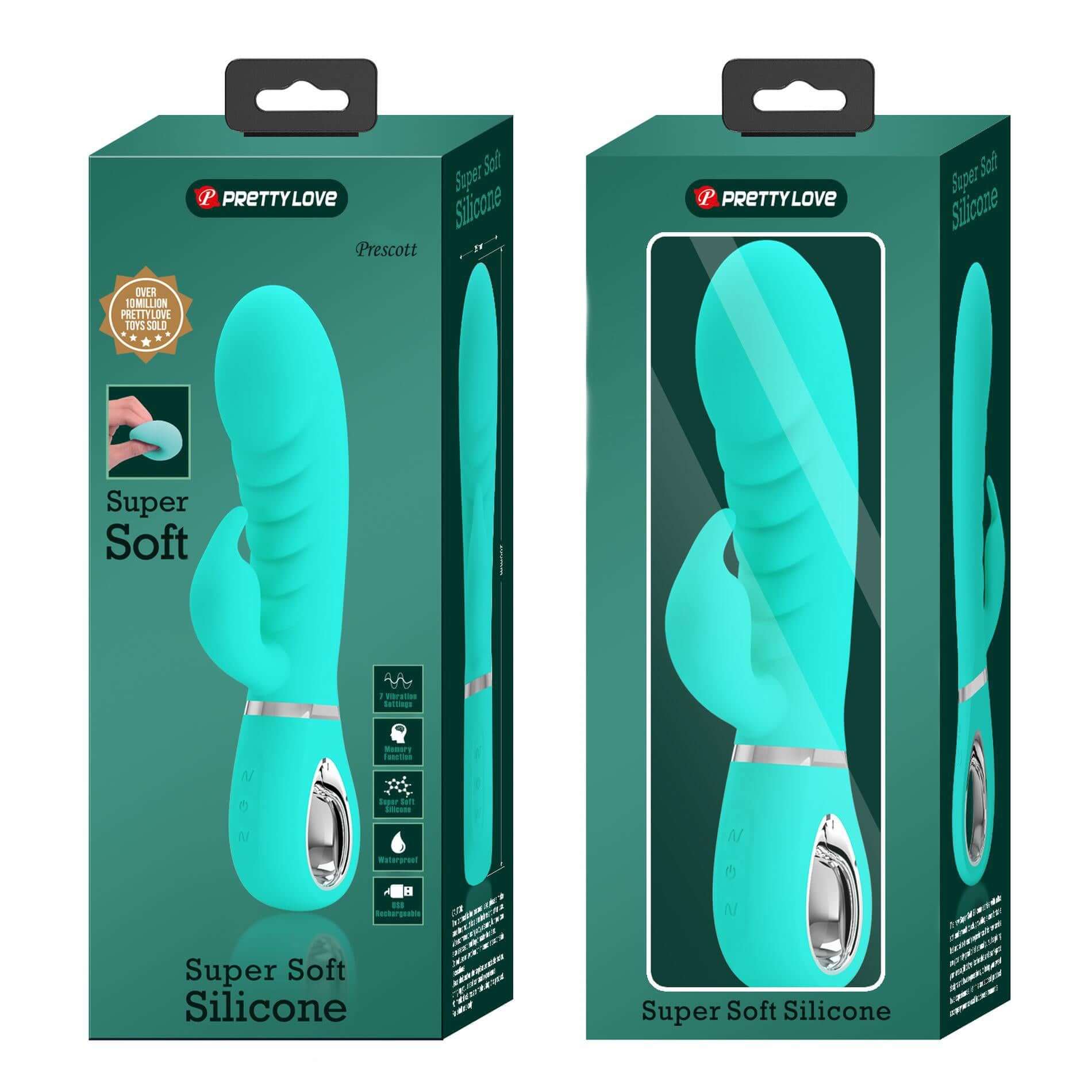 Prescott Super Soft Rabbit Silicone Vibrator - Teal packaging, showcasing ultra-soft silicone for a comfortable and skin-friendly experience.