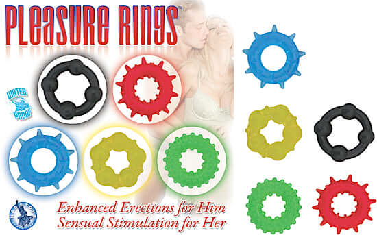 Pleasure Cock Rings in various sizes, colors, and styles for enhanced erections and stimulation, waterproof and phthalate-free.