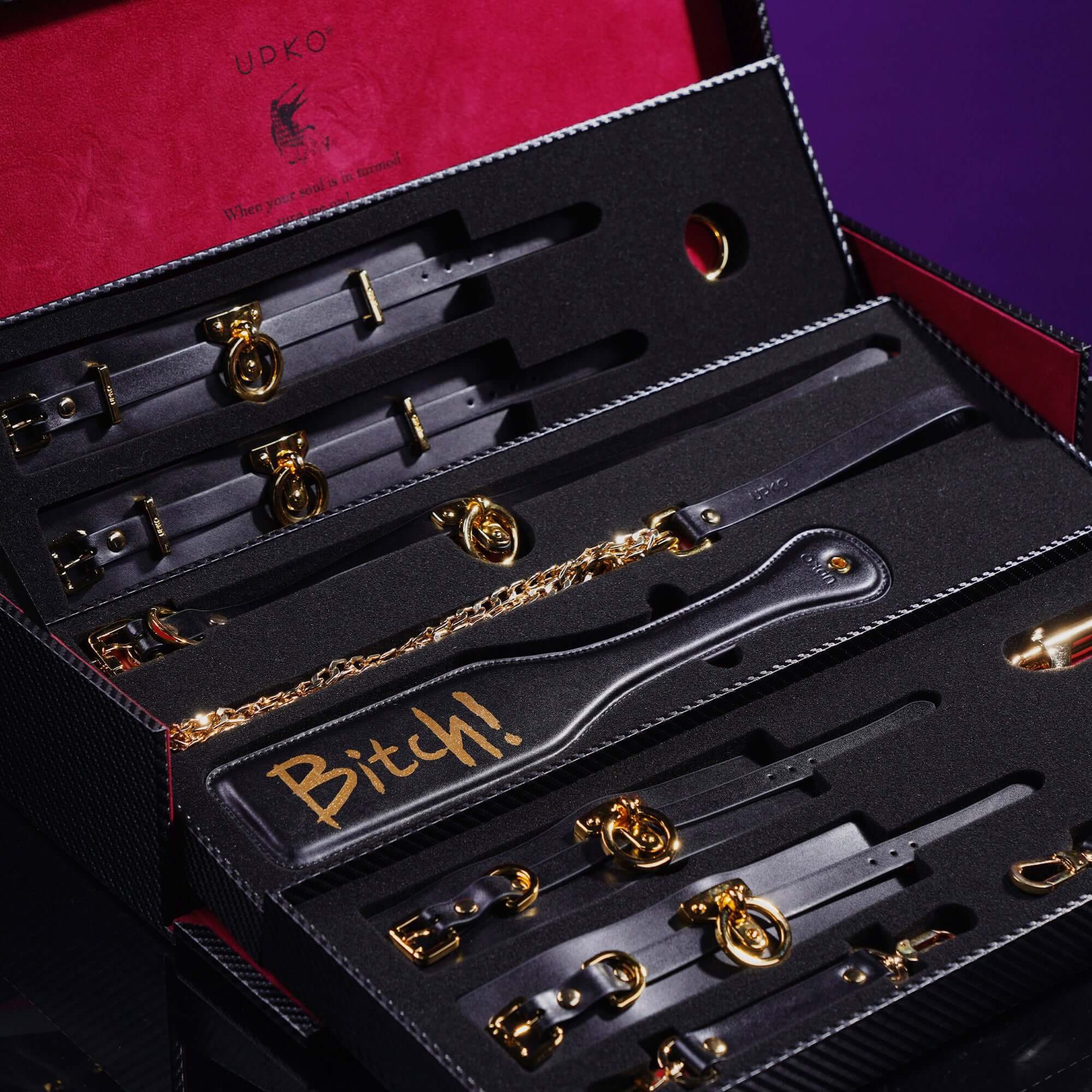 UPKO luxury Italian leather bondage tools set in case, featuring various accessories and unique collar with leash.