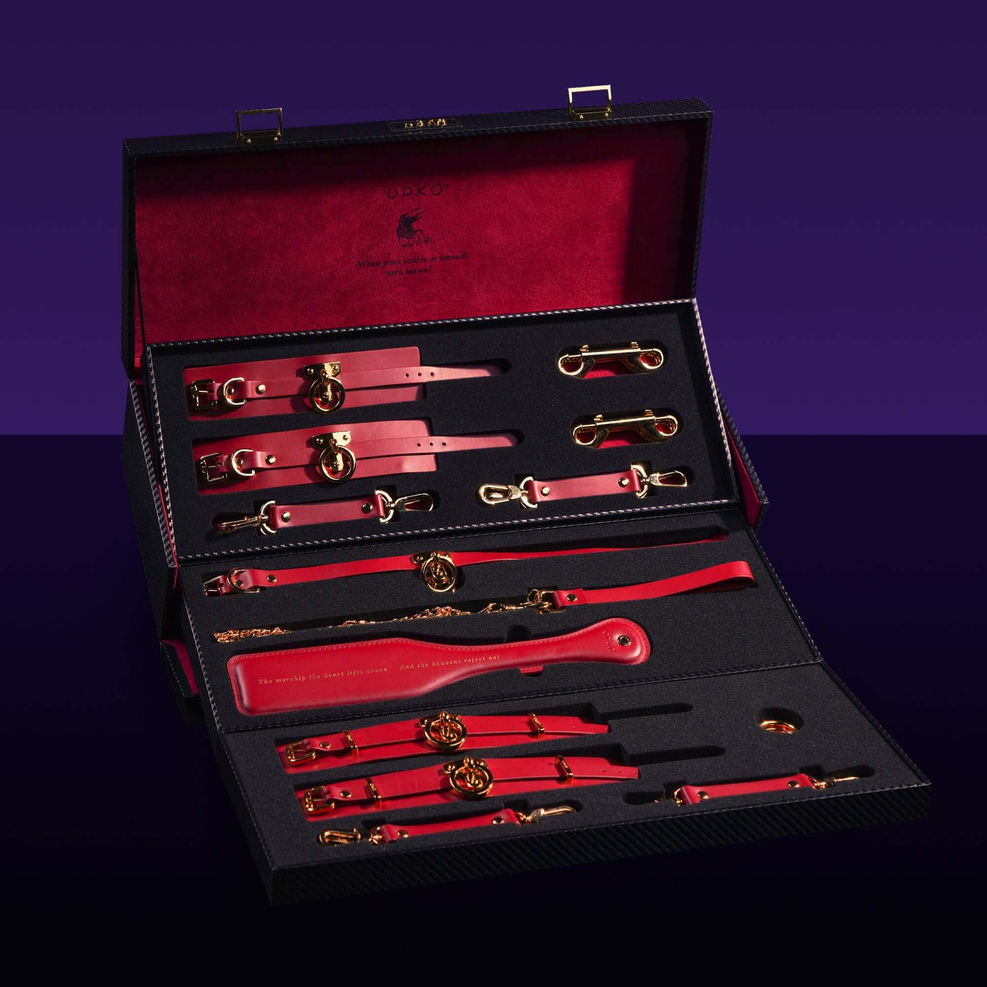 UPKO Luxury Italian Leather Bondage Tools Set with case, featuring red collar, cuffs, leash, and accessories for BDSM play.