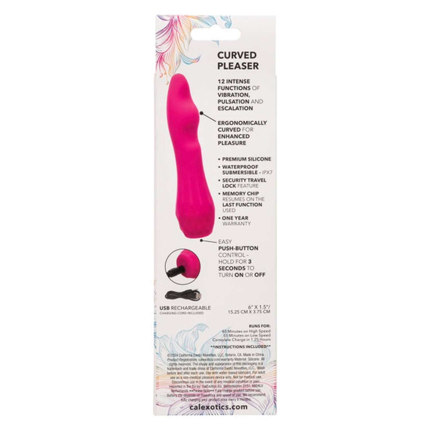 Gia Curved Pleaser Vibrator in pink packaging with features list, ergonomic design, 12 vibration functions, and USB rechargeable.