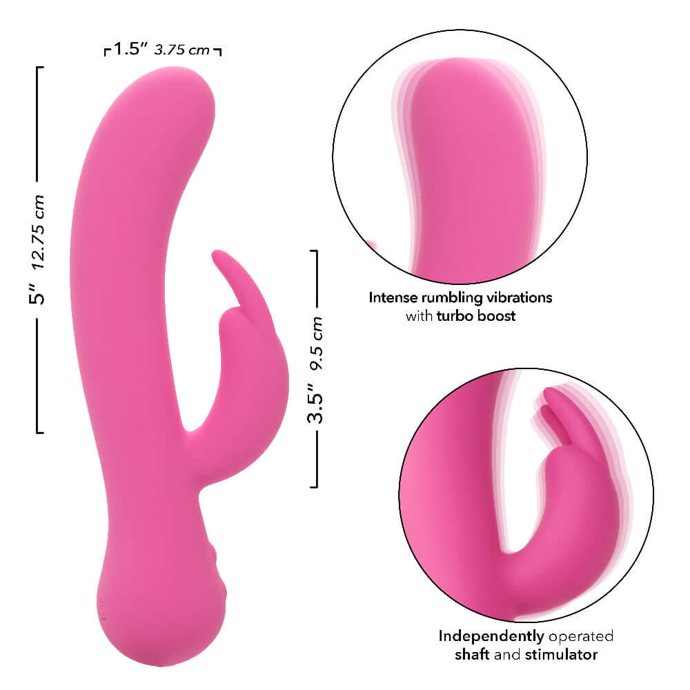 Pink First Time Rechargeable Bunny with dual stimulation, intense vibrations, turbo boost, and independently operated shaft and stimulator