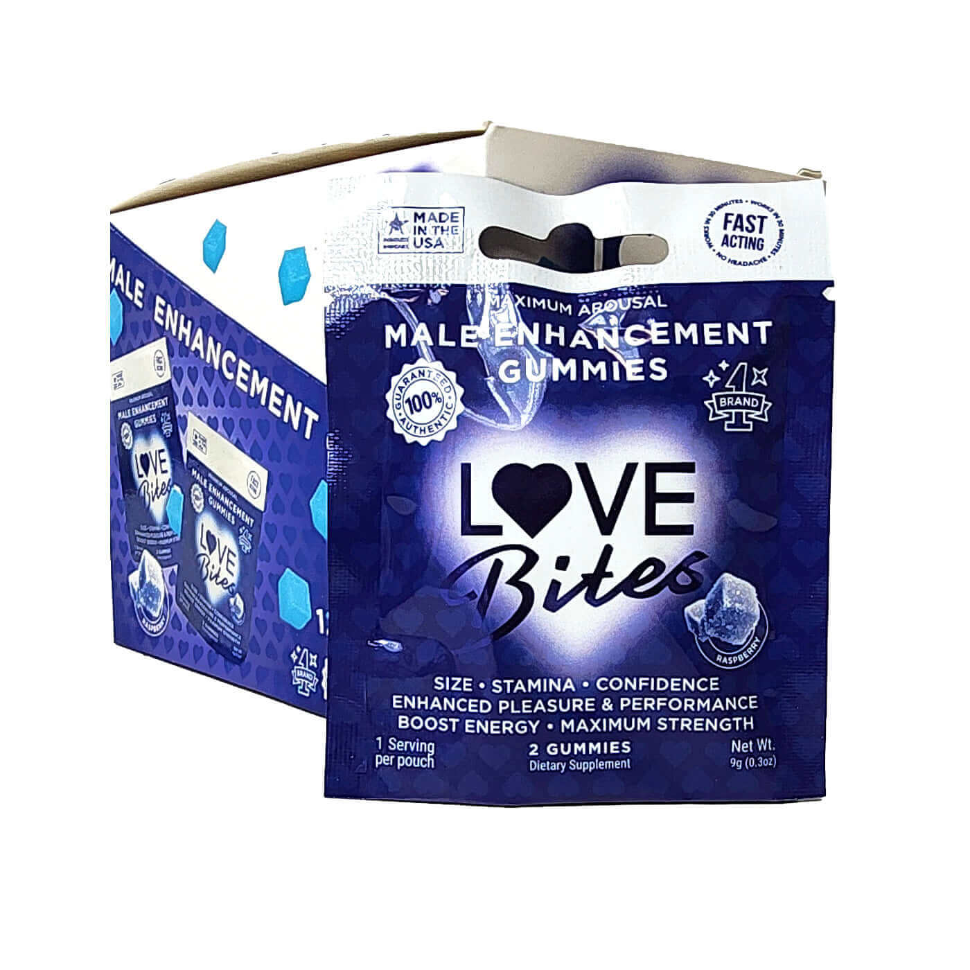 Love Bites Male Enhancement Gummies packaging with a fast-acting formula for stamina and confidence boost.