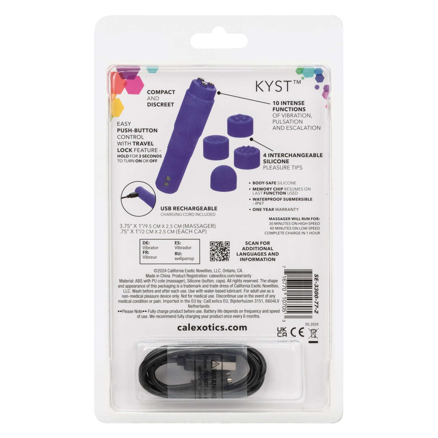 Kyst Mega-Mite Massager packaging with features and USB cable displayed, highlighting compact, discreet design and silicone tips.