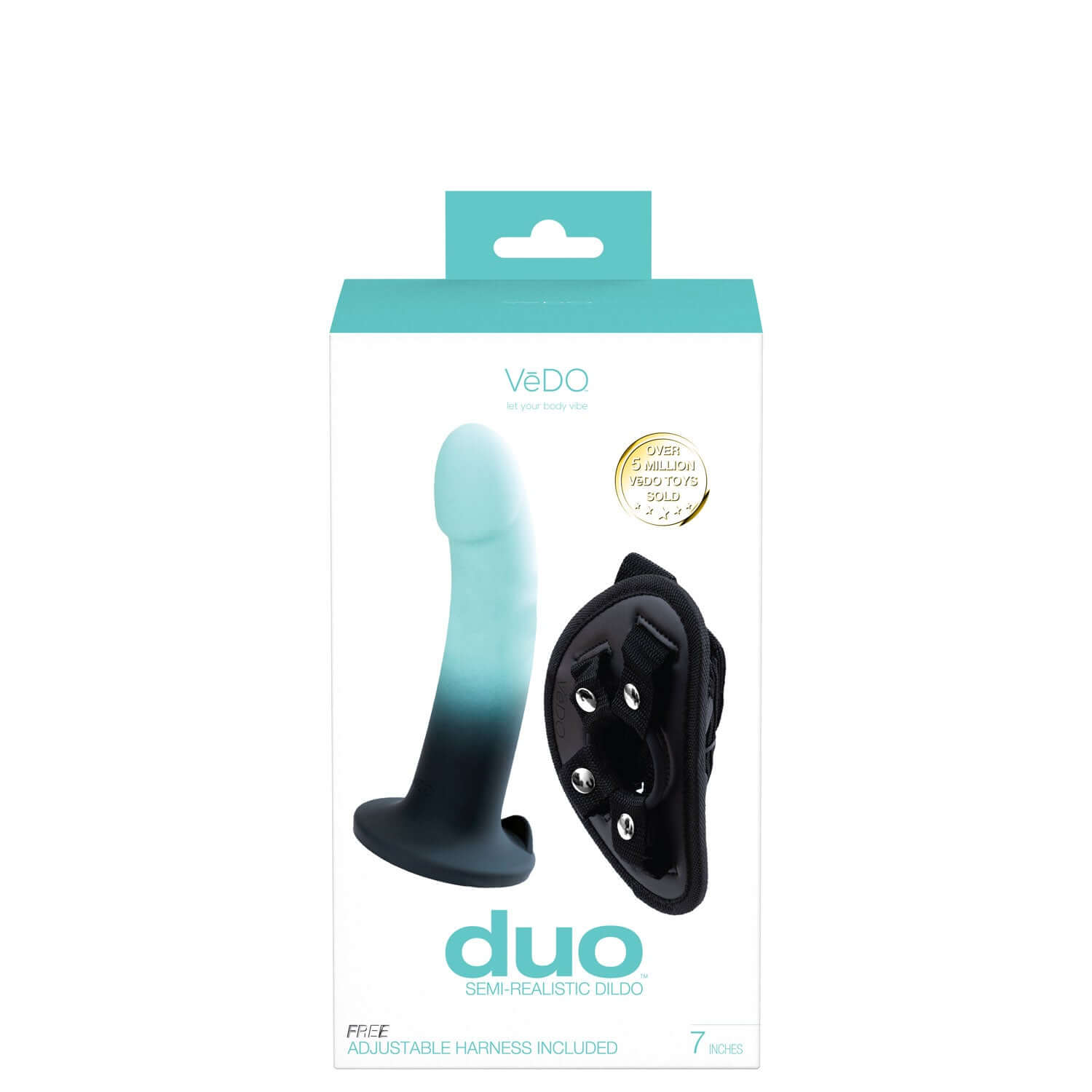 Duo semi-realistic turquoise/black dildo with harness in packaging, features 7" length and smooth silicone design.