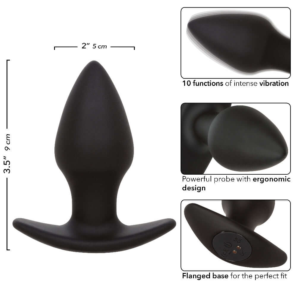 Black Rock Bottom Perfect Probe with ergonomic design, flanged base, and 10 intense functions of vibration, 2 inches wide, 3.5 inches long