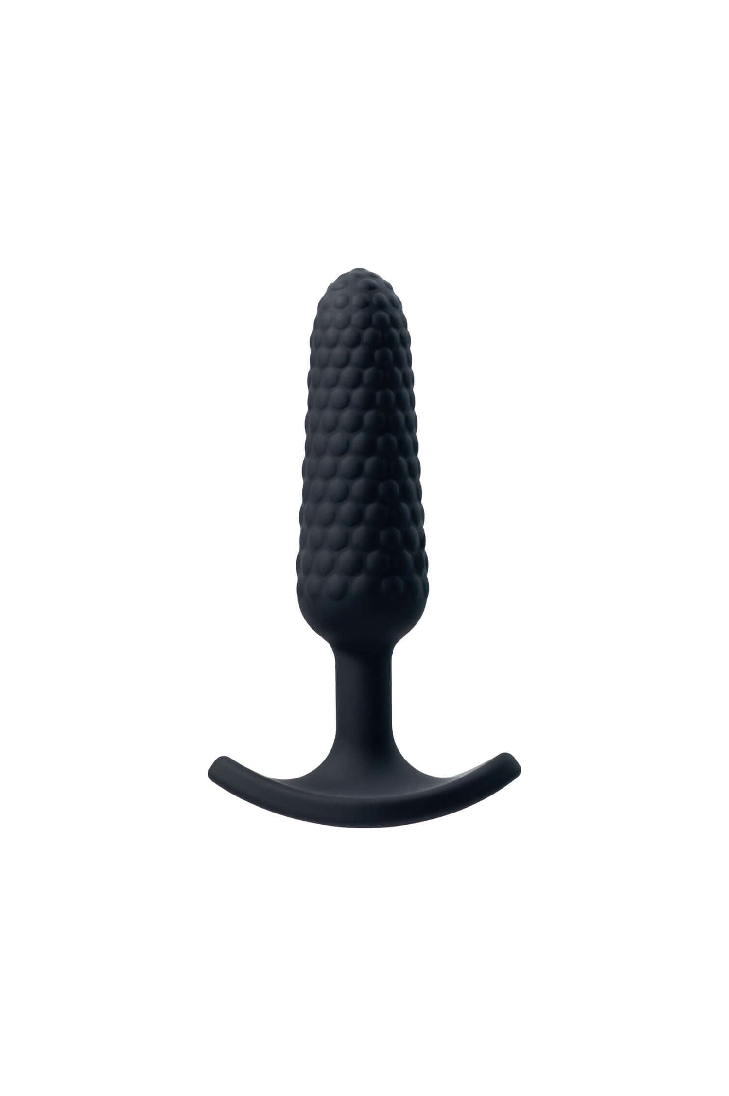 Textured black anal plug with tapered tip and secure base for comfort and pleasure.