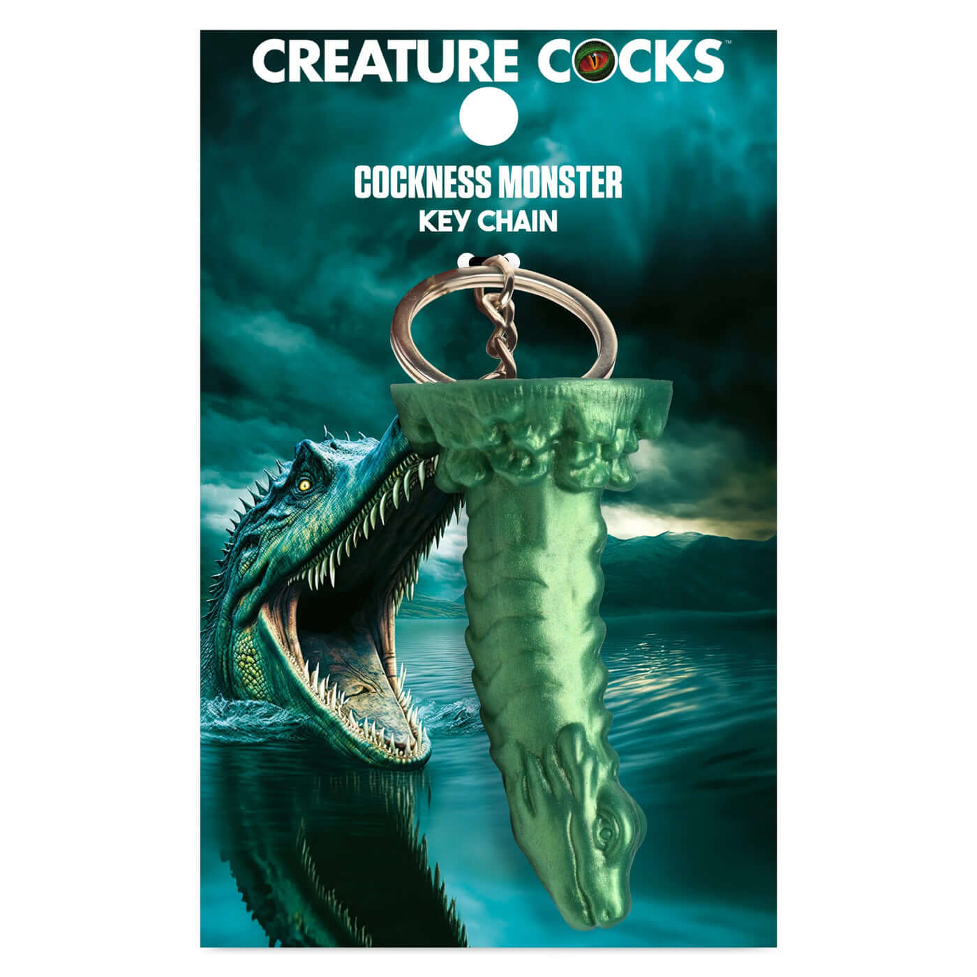 Green Cockness Monster keychain inspired by the Loch Ness monster, perfect for adding mythical fantasy flair to keys, bags, or phone cases.