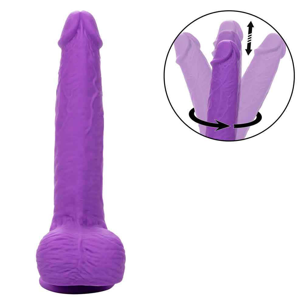 Rechargeable purple silicone vibe with gyrating and thrusting motions for intense pleasure and precision.