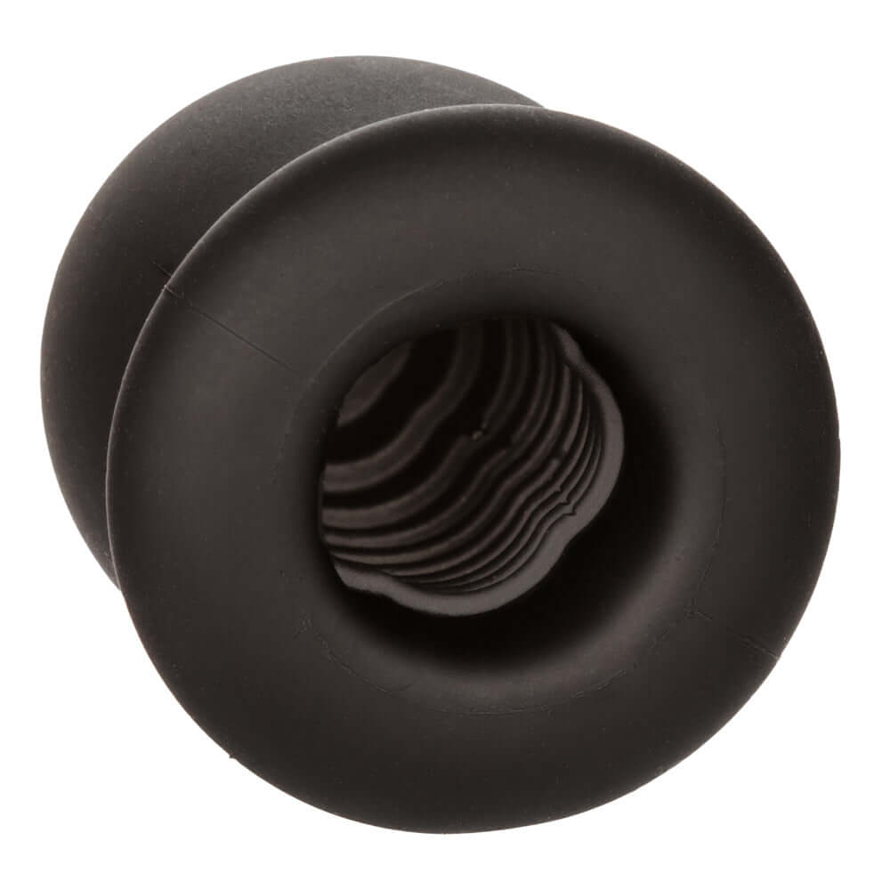 Black Boundless FTM Stroker 2.75 inch, premium liquid silicone stroker with soft, stretchy texture and reversible design.