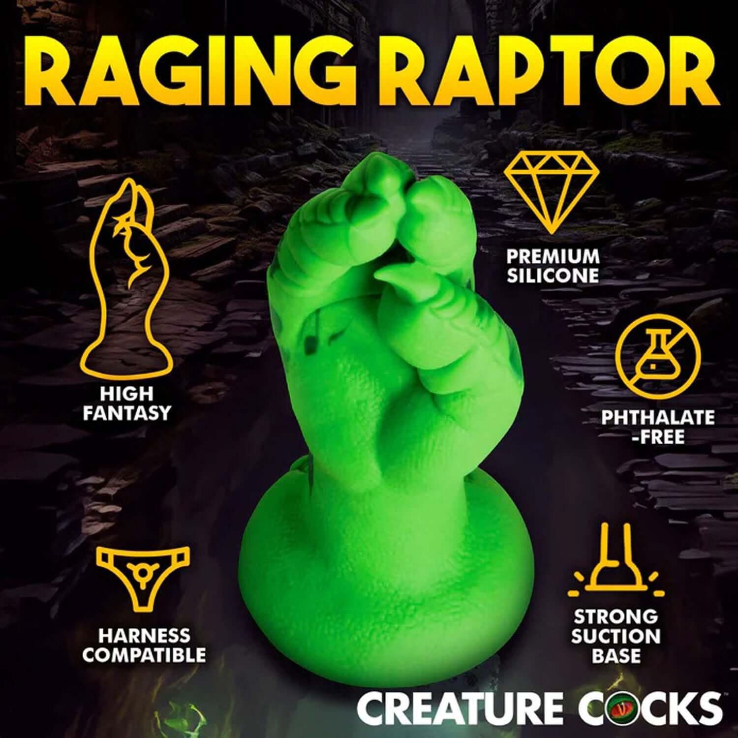 Green Raptor Claw Silicone Dildo with strong suction base by Creature Cocks, surrounded by icons highlighting its features.