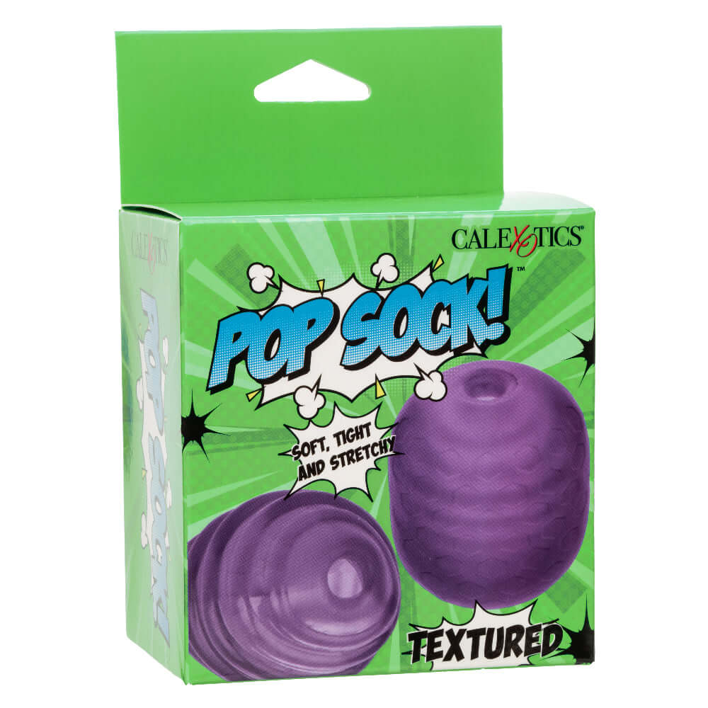 Box of Pop Sock Textured Masturbation Sleeve in Purple with Soft, Tight, and Stretchy features by CalExotics