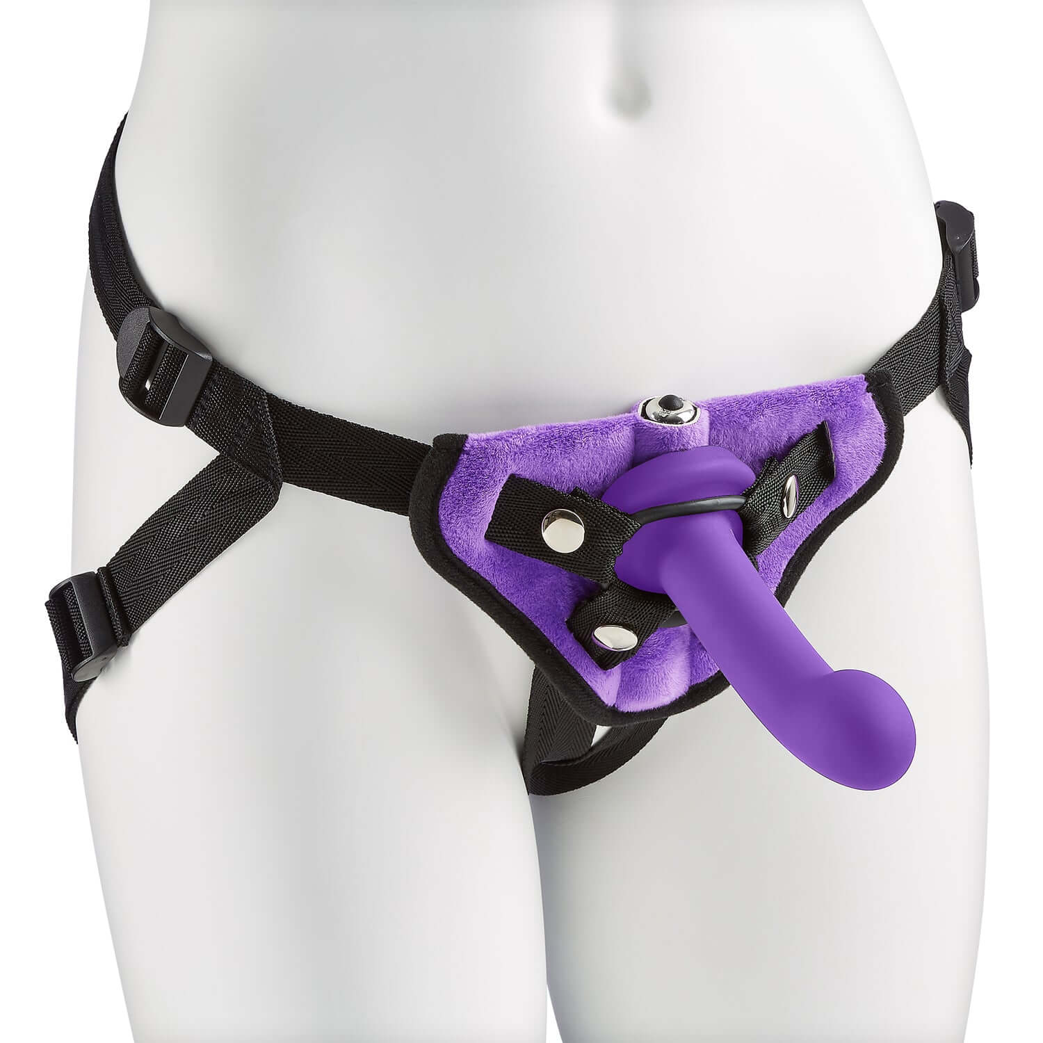 Purple strap-on harness kit with adjustable black straps and cushioned pad, featuring a curved 5.5" dildo.