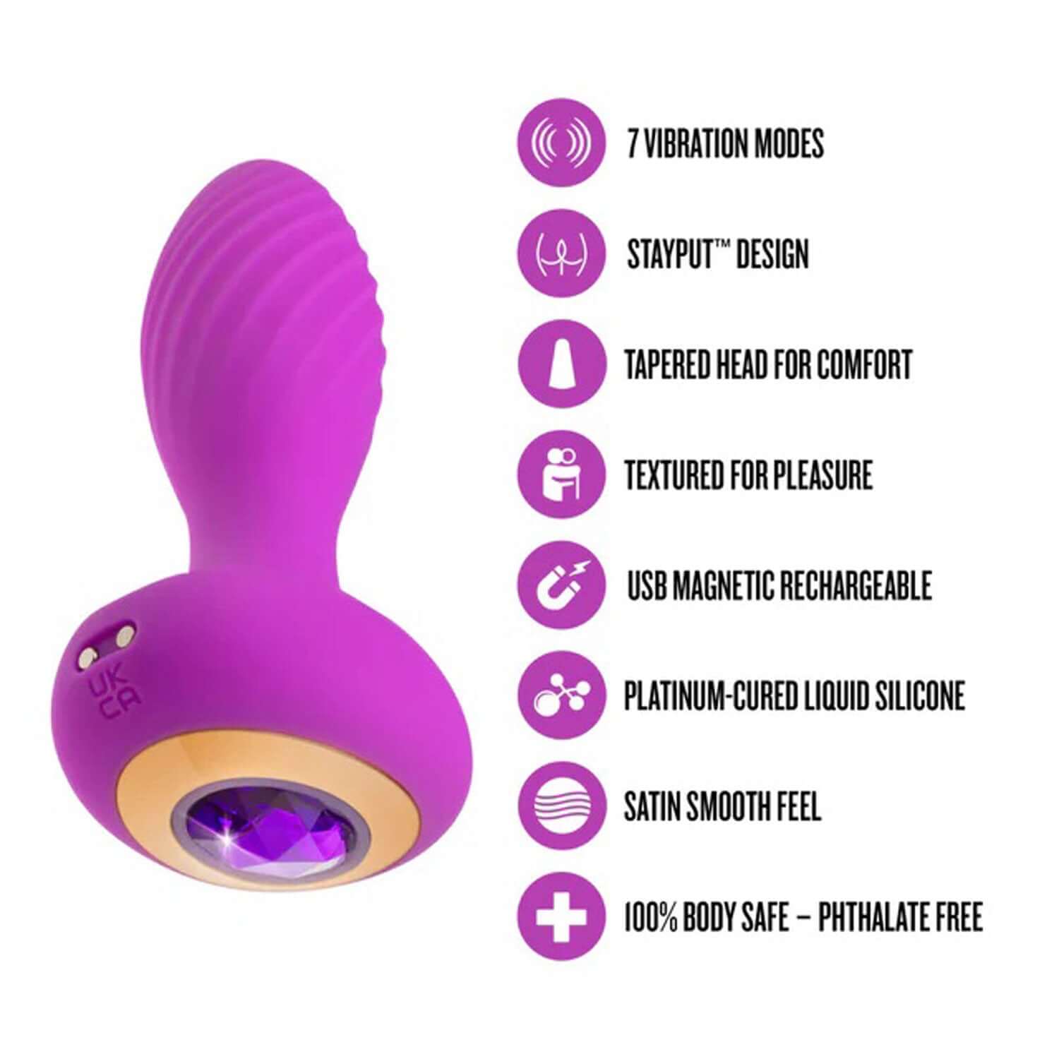 Purple Oh My Gem Charm Plug with amethyst gem, showcasing 7 vibration modes, stayput design, USB charging, and silicone material.