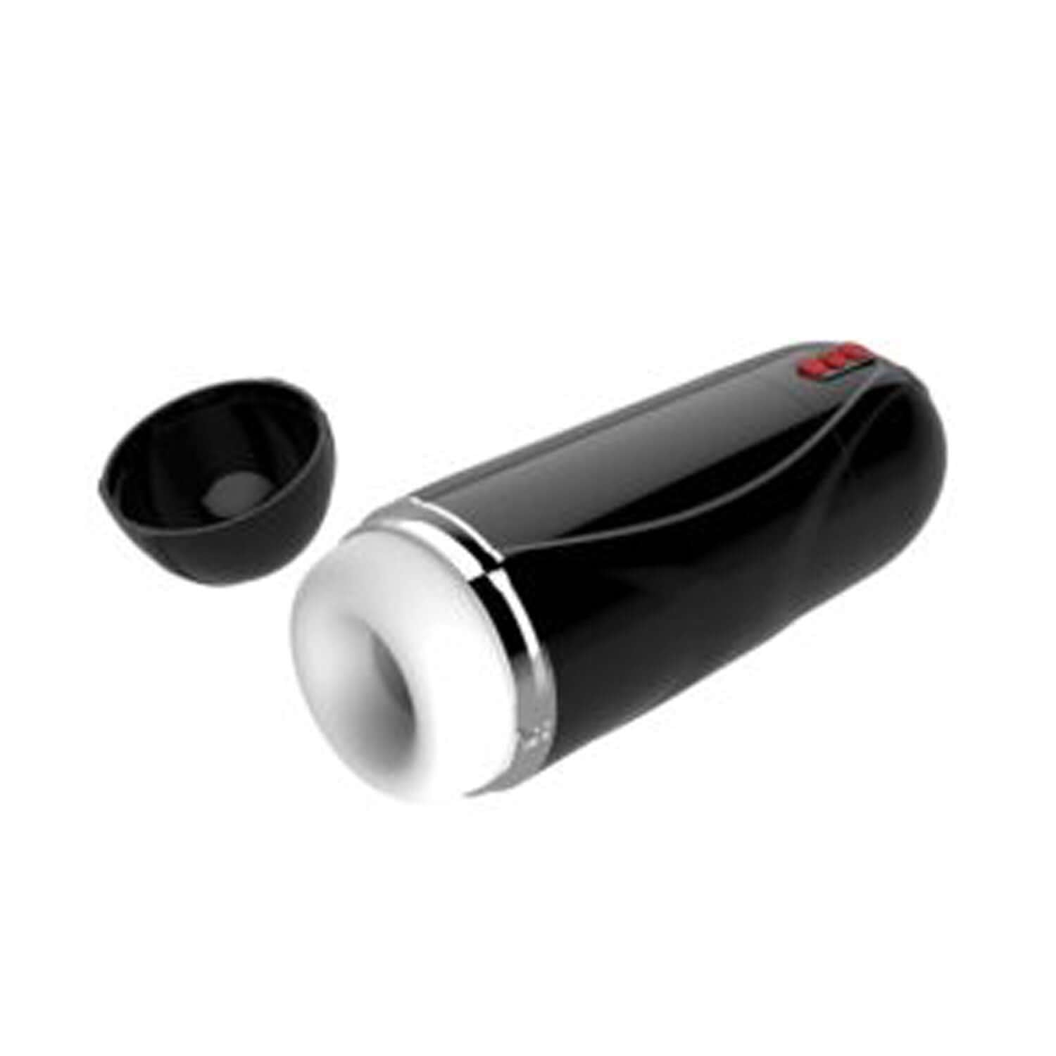 Vibrating Cocksucker Male Masturbator - Black with cap removed showing soft, textured tunnel with 5 suction and 10 vibration functions.