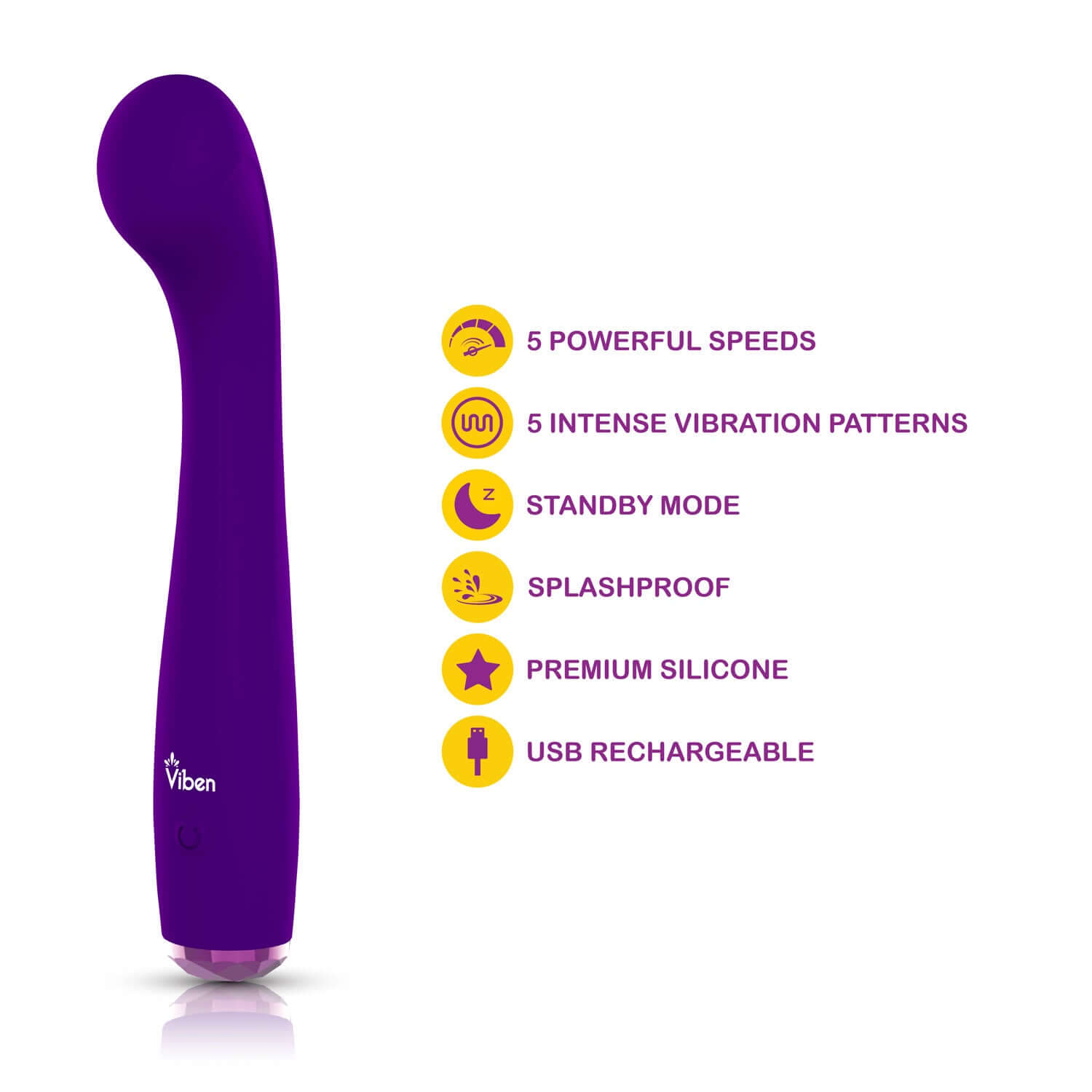 Purple Viben Devotion Violet Intense G-Spot Vibe with 5 speeds, 5 vibration patterns, standby mode, splashproof, premium silicone, USB rechargeable