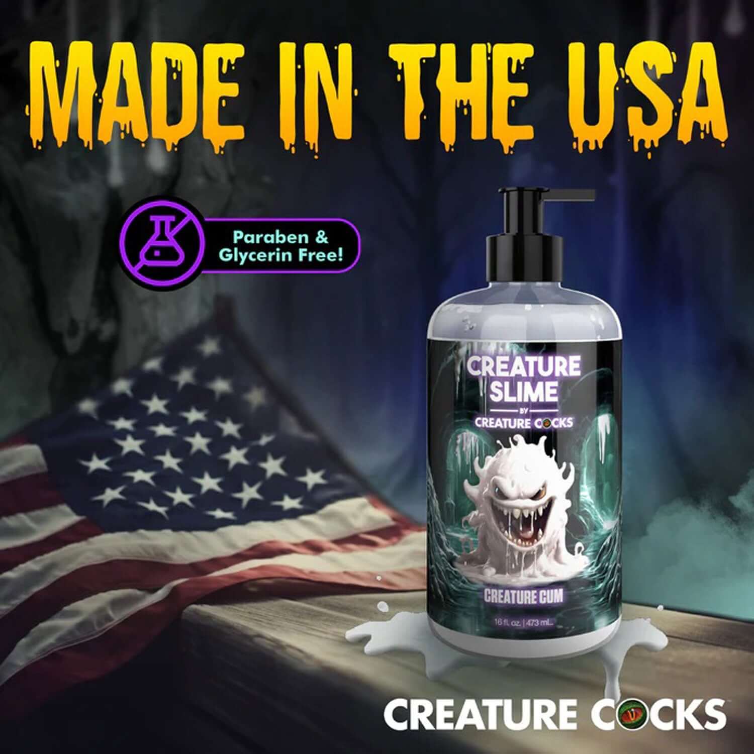 16oz Creature Slime Creature Cum unscented lubricant with "Made in the USA" label and American flag background.