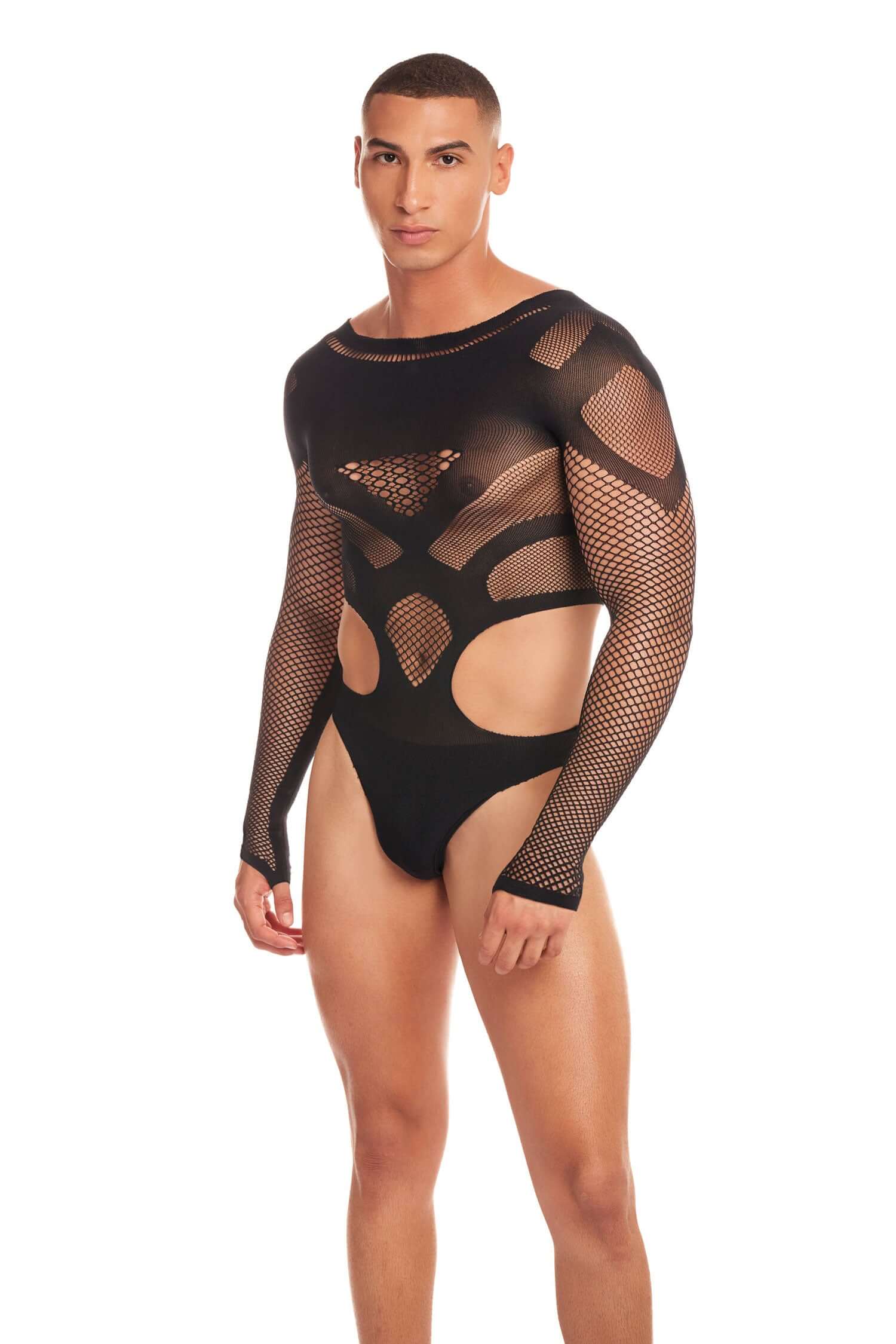 Out of Orbit Bodysuit in Black Nylon and Spandex - Small/Medium, fishnet design, long sleeves, worn by male model.