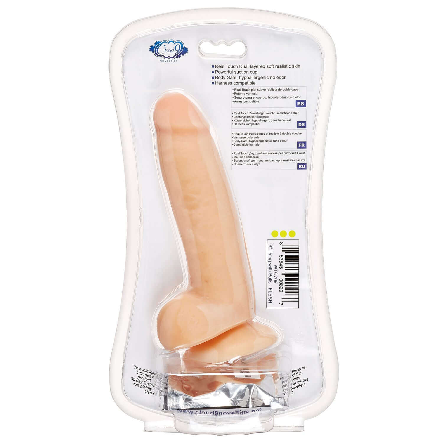 8-inch dual density realistic dildo in packaging with suction cup and painted veins, harness compatible and body-safe.