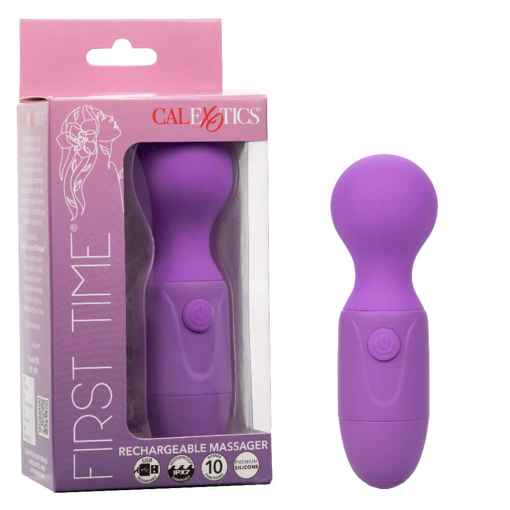 First Time Rechargeable Purple Massager with flexible neck and intense vibrations, packaged in pink box.