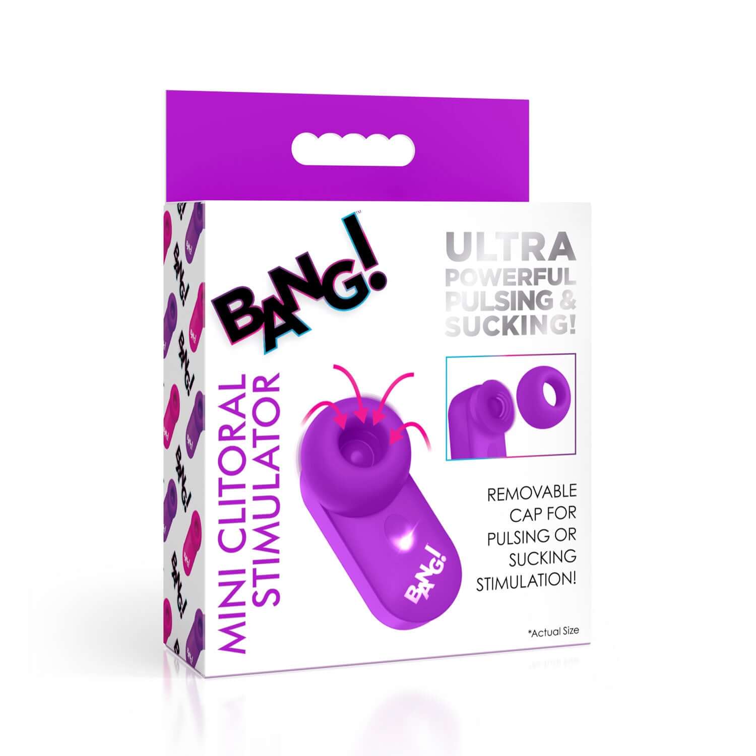 Purple mini clitoral stimulator with 5 speeds, powerful pulsing and sucking, removable cap, travel friendly, waterproof, rechargeable.